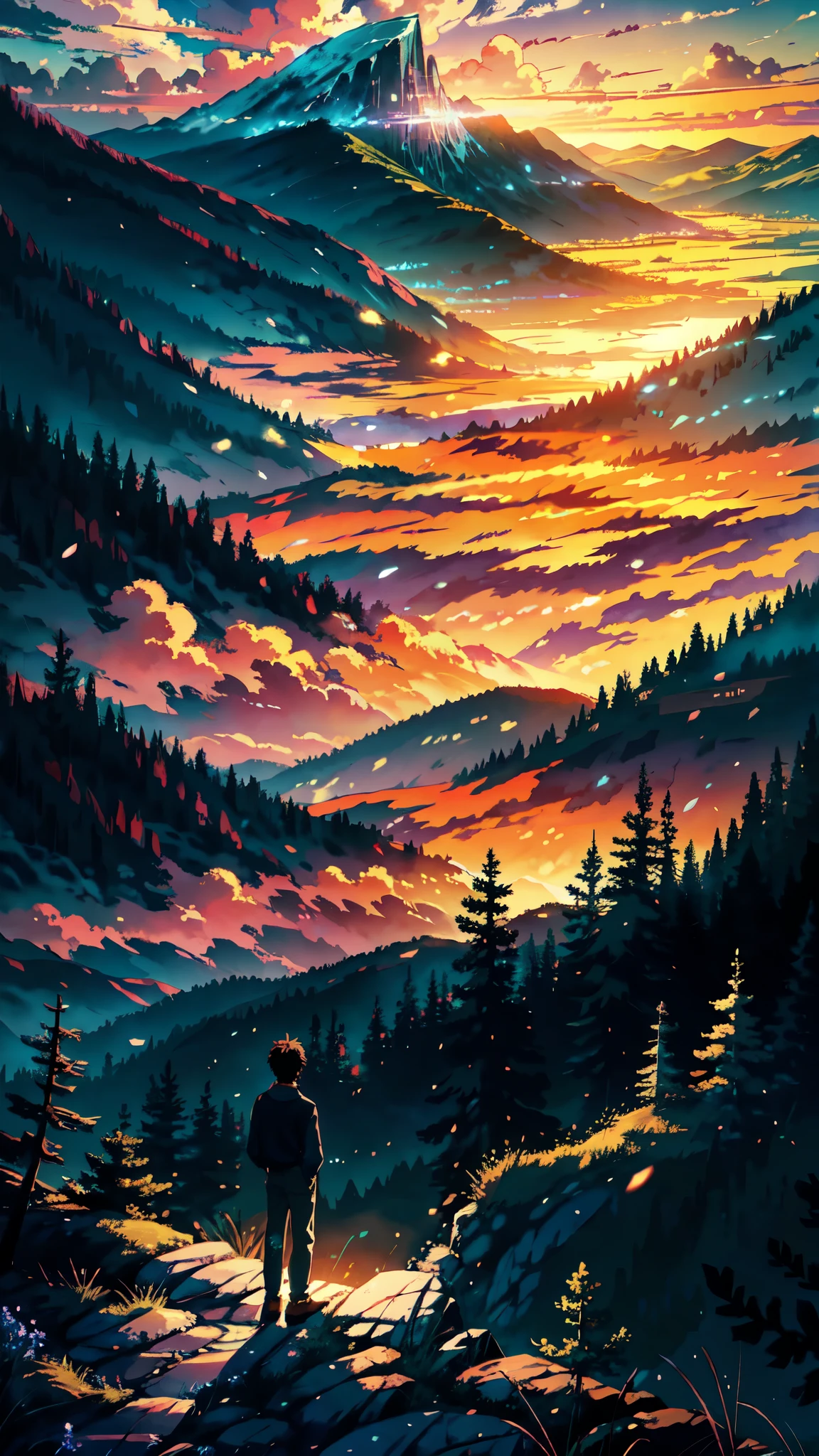 In a fantastical anime landscape reminiscent of Makoto Shinkai's "Your Name," a young man stands with his back to the viewer, enveloped in the enchantment of the scene before him. The background is a breathtaking vista, with rolling hills and misty peaks painted in soft pastel tones. Above, the sky is a canvas of celestial wonders, aglow with the fading light of the setting sun and delicate wisps of clouds. The atmosphere is alive with a sense of quiet reverence, as if nature itself is whispering secrets to the solitary figure. Through the animated strokes of pastel, the scene breathes with magic and wonder, inviting viewers to join the young man on his journey of discovery amidst the splendor of this mesmerizing world.