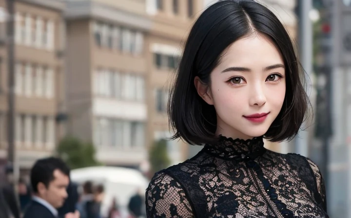 Tabletop, highest quality, shape, Very detailed, finely, High resolution, 8k wallpaper, 完璧なダイナミックな構shape, finelyて美しい目, Simple monochrome outfit、Hair color is black、short hair,Natural color lip, smile,Harajuku、26-year-old woman、cute、Looking at the camera、The background is a blurred park