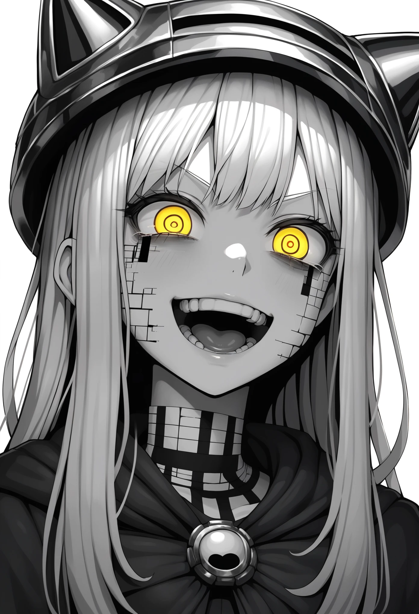 score_9, score_8_up, score_7_up, score_6_up, BREAK white background, simple background, greyscale,monochrome 1girl, swdef, white hair, long hair, yellow eyes, headgear, cloak, chest strap, crazy eyes, emotionless, closed mouth, insanity-angle, face close-up, glitch, glitching, horror 