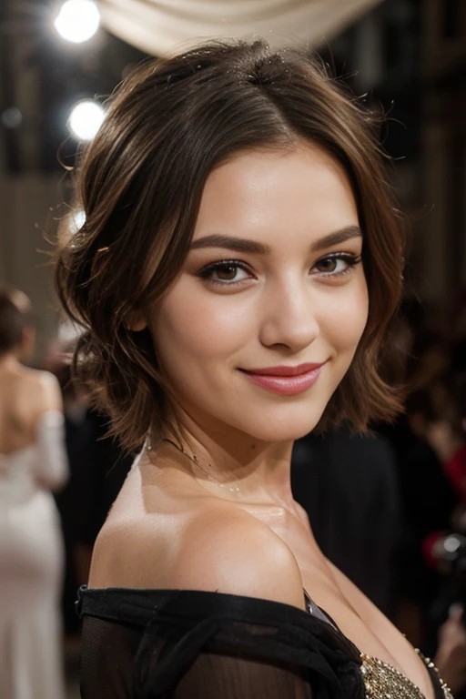 25 ans, brune, yeux marrons, delicate, professional light, flash lit, poudre de contour, sexy, French touch, cheveux de longueur moyenne, grains de beauté, sourire romantique, Seductive look, pose coquine, bonne couverture, de nuit, éclairée par les flashs des photographes, skin details, pores de la peau, Appareil photo numérique Kodak Smile 10MP, tendance on Behance, colorful clothes, ornement de cheveux, hairclip, cheveux moyens, rougit, (des mains parfaites) , robe fashion, multicolor clothes, haute couture, podium of a fashion show, , miss France