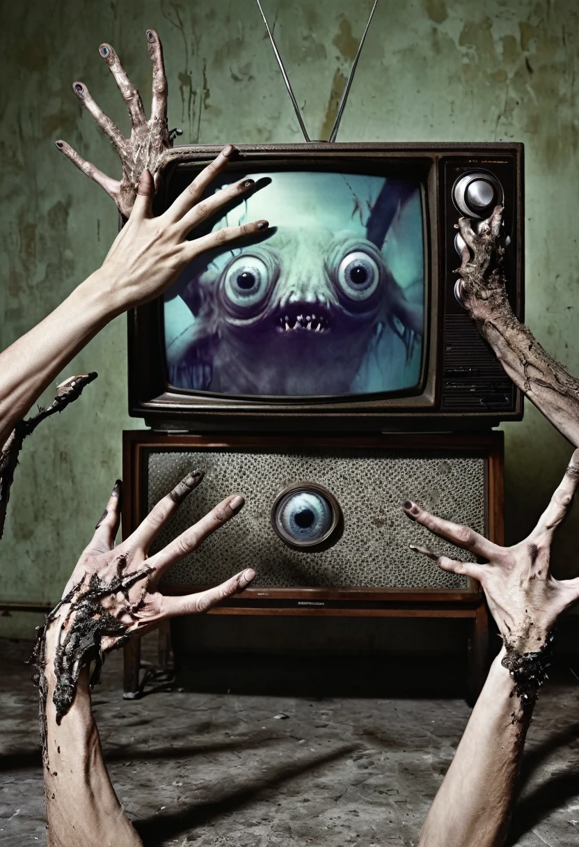 several monstrous, deformed and emaciated arms and hands with frightening eyes on the back of the hands as well as on the arms all coming out of a cathodic television