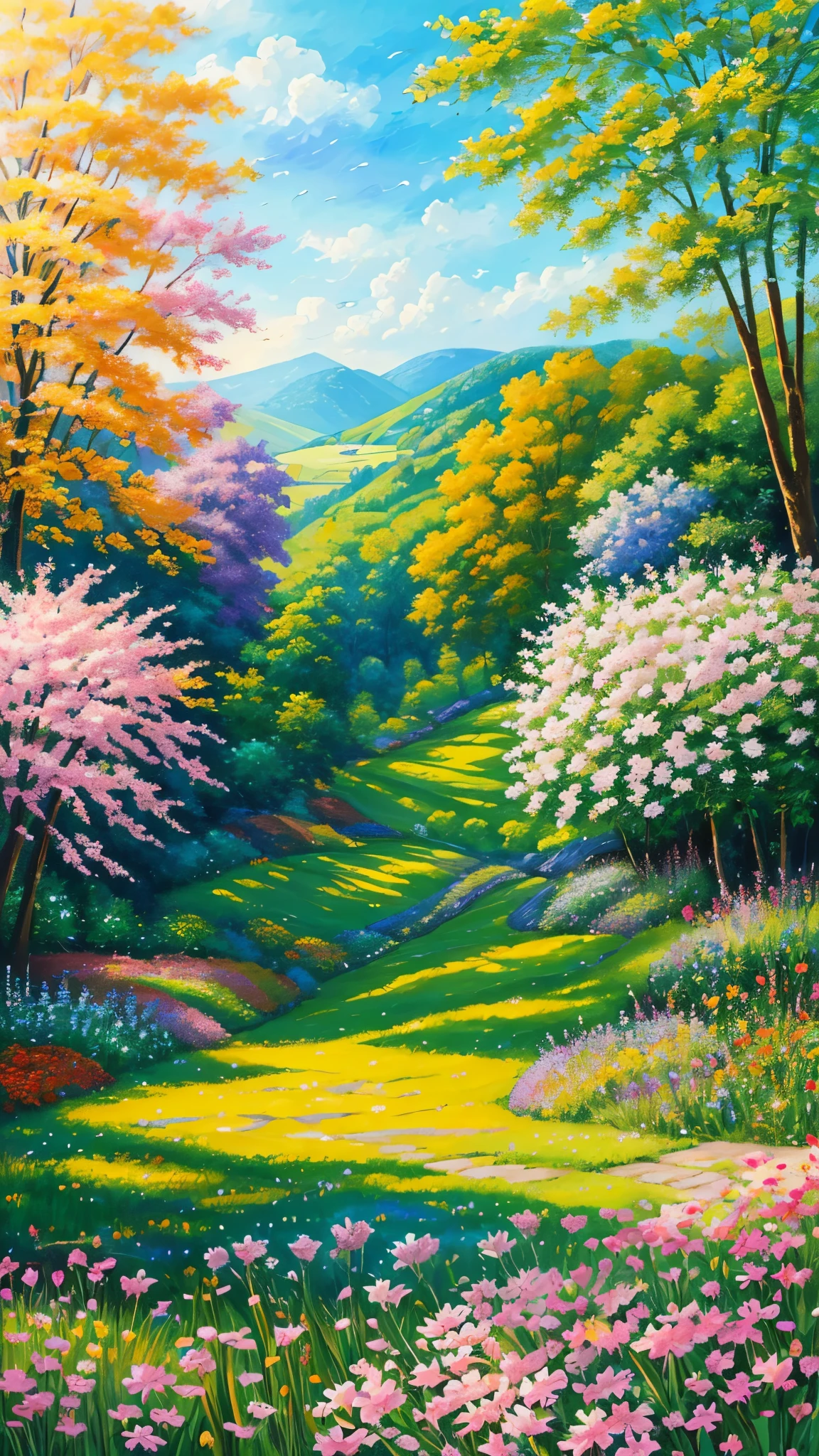 (best quality,realistic:1.2,highres),a lush green field, vibrant colorful flowers dotting the landscape,portraying the beauty of nature and the joy we can find in God's creation,illustration,extraordinary level of detail,stunning visual representation,impressive variety of flowers,serene atmosphere,sunlit scene,every blade of grass rendered with utmost precision,rich and vibrant colors,exquisite brushstrokes,picture-perfect composition,painting with a touch of impressionism,soft natural lighting,immersive experience,emphasizing the intricate details of the flowers,captivating and lifelike portrayal,awe-inspiring view,professional-level artwork,invoking a sense of tranquility and happiness.