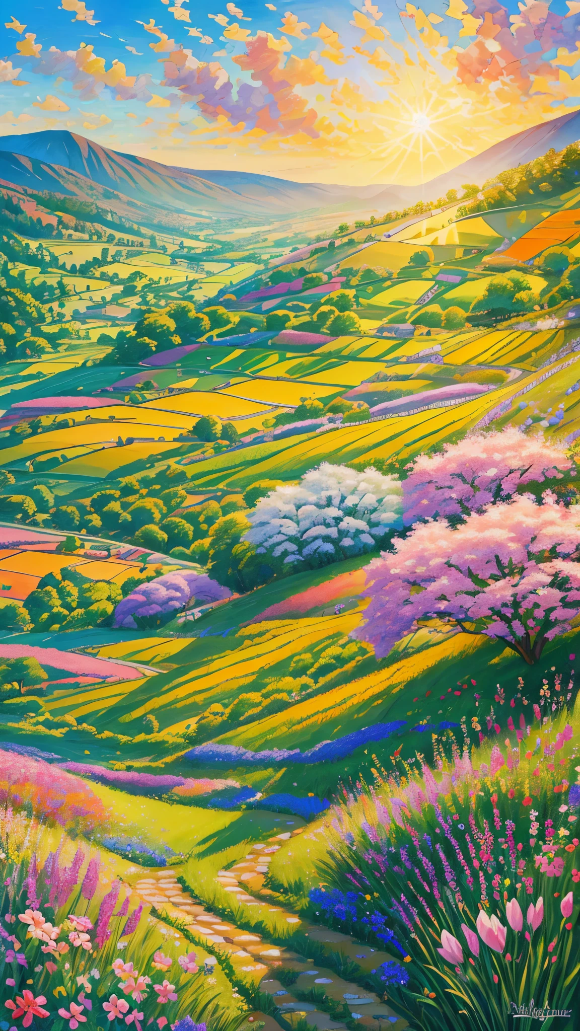 (best quality,realistic:1.2,highres),a lush green field, vibrant colorful flowers dotting the landscape,portraying the beauty of nature and the joy we can find in God's creation,illustration,extraordinary level of detail,stunning visual representation,impressive variety of flowers,serene atmosphere,sunlit scene,every blade of grass rendered with utmost precision,rich and vibrant colors,exquisite brushstrokes,picture-perfect composition,painting with a touch of impressionism,soft natural lighting,immersive experience,emphasizing the intricate details of the flowers,captivating and lifelike portrayal,awe-inspiring view,professional-level artwork,invoking a sense of tranquility and happiness.