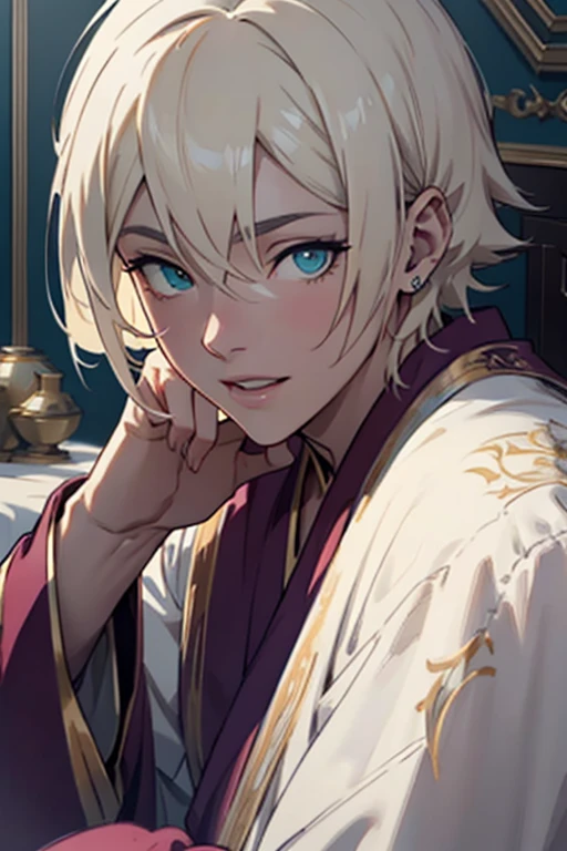 1male, anime, platinum blonde hair, straight hair, very short hair, cyan eyes, pale skin, magician, orange and purple robes, pretty, digital illustration, trending on artstation, highly detailed, vibrant colors, arabic buildings background, 4k, insane details, insane quality, historical, the arcana game, sexy, on bed, face close up, mouth closed, hot, ??????