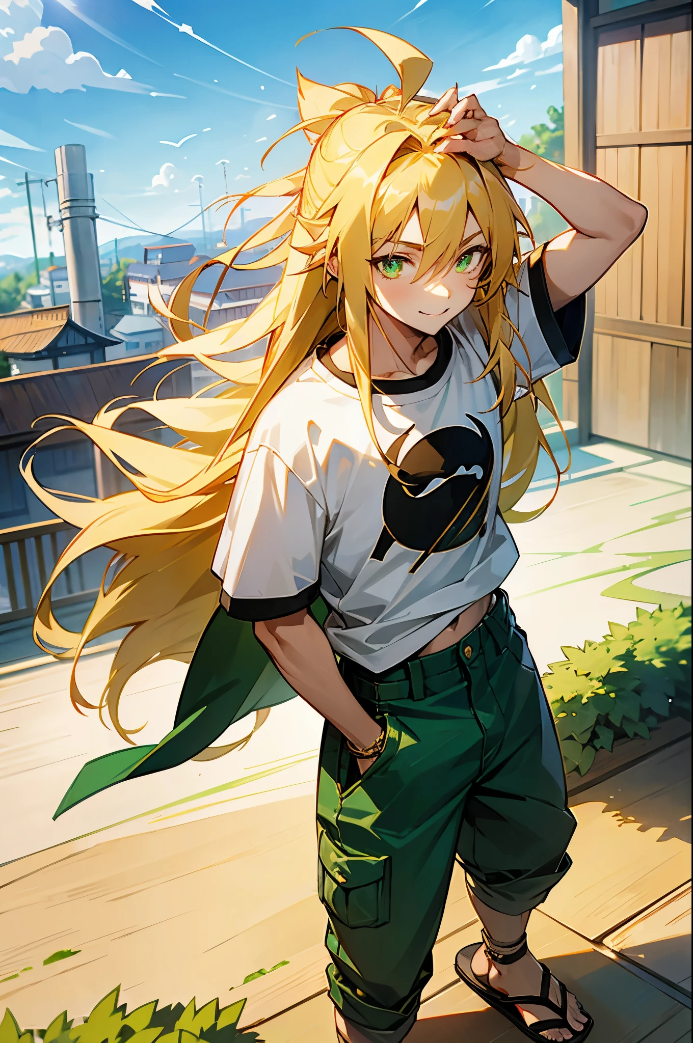 1male, Teen, Golden Hair, Long hair, Flowing Hair, Green Eyes, Catlike Eyes, Smile, Konoha Village, Oversized T-Shirt, Ripped Jeans, Sandals, Sunny