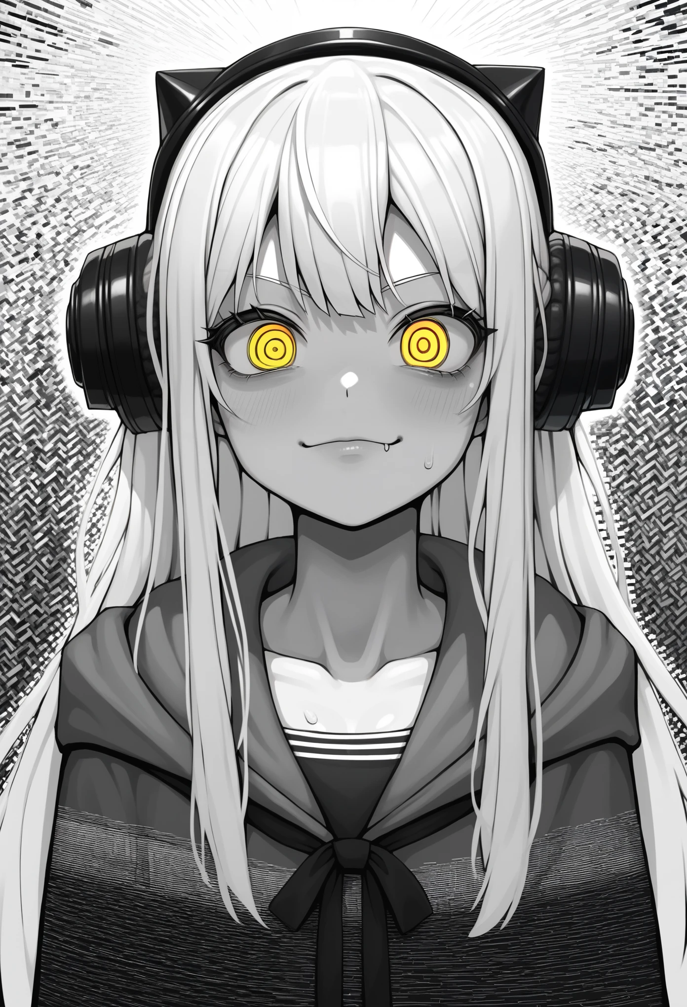 score_9, score_8_up, score_7_up, score_6_up, BREAK white background, simple background, greyscale,monochrome 1girl, swdef, white hair, long hair, yellow eyes, headgear, cloak, chest strap, crazy eyes, emotionless, closed mouth, insanity-angle, face close-up, glitch, glitching, horror