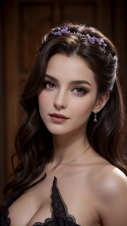 Jeune femme de 25 ans, visage fin, cheveux long, yeux marrons, HD, 8K, masterpiece, sourire romantique, sexy, maquillage noir, black lips, tenue gothique, vêtements noirs et violets, toile d'araignée en dentelle, cheveux noirs et violets, dans un manoir, dracula, orage