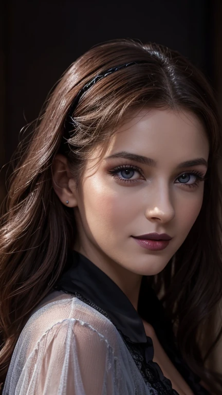Jeune femme de 25 ans, visage fin, cheveux long, yeux marrons, HD, 8K, masterpiece, sourire romantique, sexy, maquillage ????, black lips, tenue gothique, vêtements noirs et violets, toile d'araignée en dentelle, cheveux noirs et violets, dans un manoir, dracula, orage