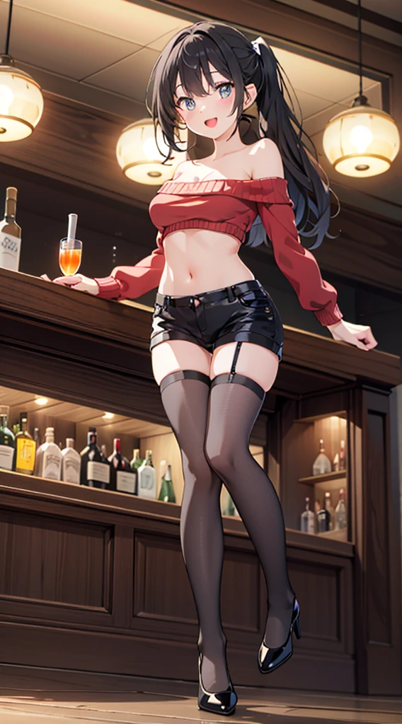 (from below:1.4),(from side:0.9), ((Face)), (Close-Up:0.4), masterpiece,"A 26-year-old girl stands at a bar counter. She is dressed in a stylish off-shoulder dress, sweater dress, off-shoulder sweater, red sweater,garter stocking, cleavage:1.1, midriff, black shorts, black thighhighs, thigh strap, pretty girl, (highly detailed beautiful face and eyes,firm breasts),real skin,((black,hair,long pony tail hair)),thin pubic hair,cute and lovely pose, detailed eyes, This masterpiece is only visually stunning but also tells,(double breasted:0.6,under bust:0.6),(with sparkling eyes and a contagious smile),open mouth. The bar is beautiful, with colorful bottles of alcohol in the background and a soft glow from neon lights. The atmosphere is relaxed, and the girl looks confident and fashionable.",full body, sexy pose,make a cocktail , in a bar counter, Looking at Viewer,
