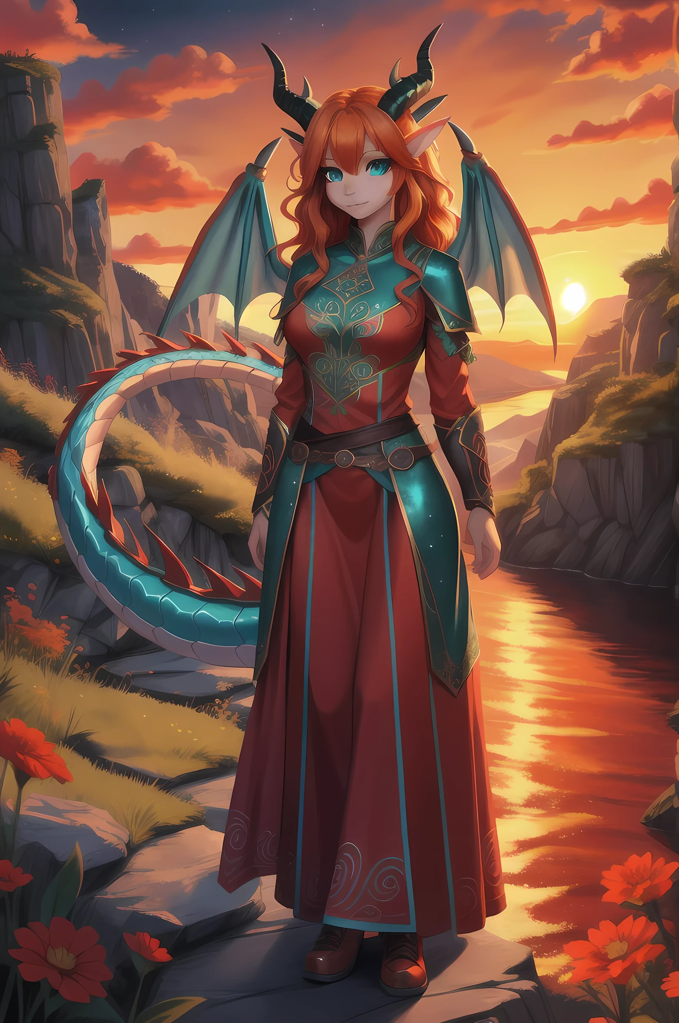 beautiful Celtic dragon girl, semi realistic style, full-body-portrait, long wavy bright orange hair, bright teal eyes, sparkly realistic teal eyes looking at viewer, shapely body, skinny body, healthy body, red warrior outfit, red clothes, dragon wings, dragon horns, on a hillside, beautiful sunset, high quality digital art