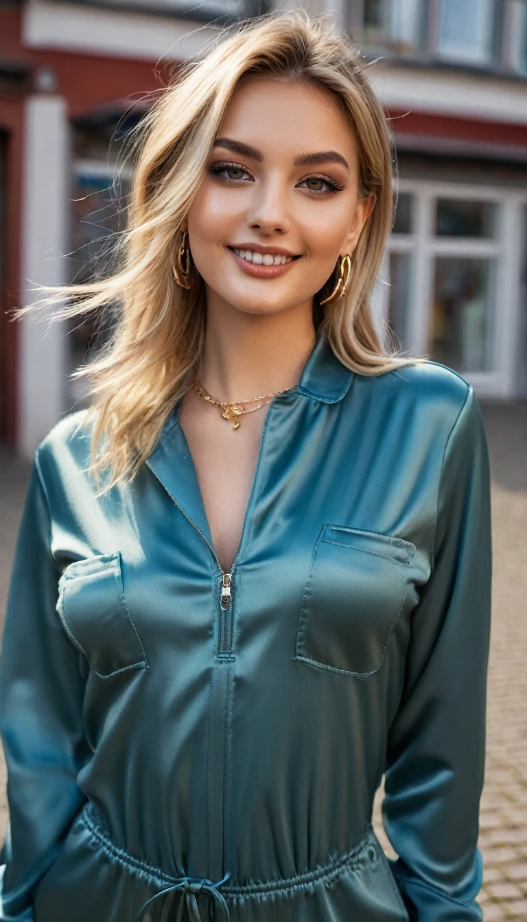 hyperrealistic beautiful busty 18-year-old women in satin boiler suit with long legs, model shooting full body photography, view from behind, natural blonde short classic bob, dark eye makeup with eyeliner, seductive smile, small necklace and earrings, 8K, best quality, Meisterwerk, ultra high resolution, (Realismus: 1.4), Originalfoto, (realistische Hautstruktur: 1.3), (Filmkorn: 1.3), (Selfie-Winkel), 1 girl, Beautiful round hazel eyes and facial details, Meisterwerk, best quality, selfie-pic-posing outside, nsfw