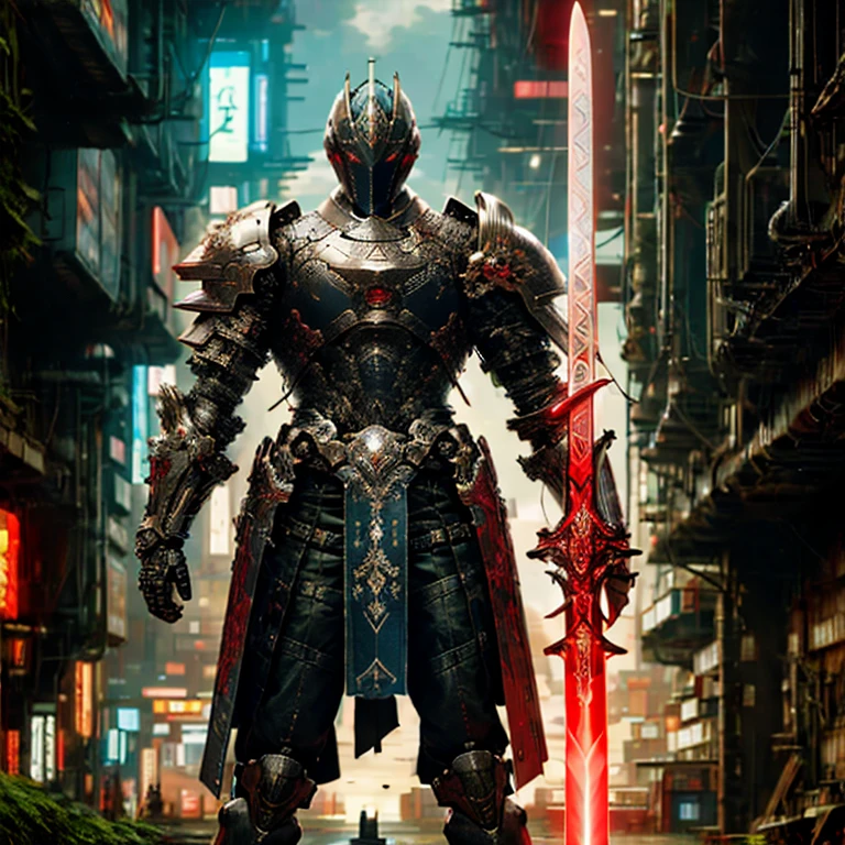 (masterpiece, best quality:1.2), a subject, A warrior in armour techno fantasy style, holy sword,(technological aggressive design), cyberpunk, 4K, UHD, (Photorealistic:1.4),Ultra high resolution, masterpiece, ultra realistic, ultra nitide, insane details