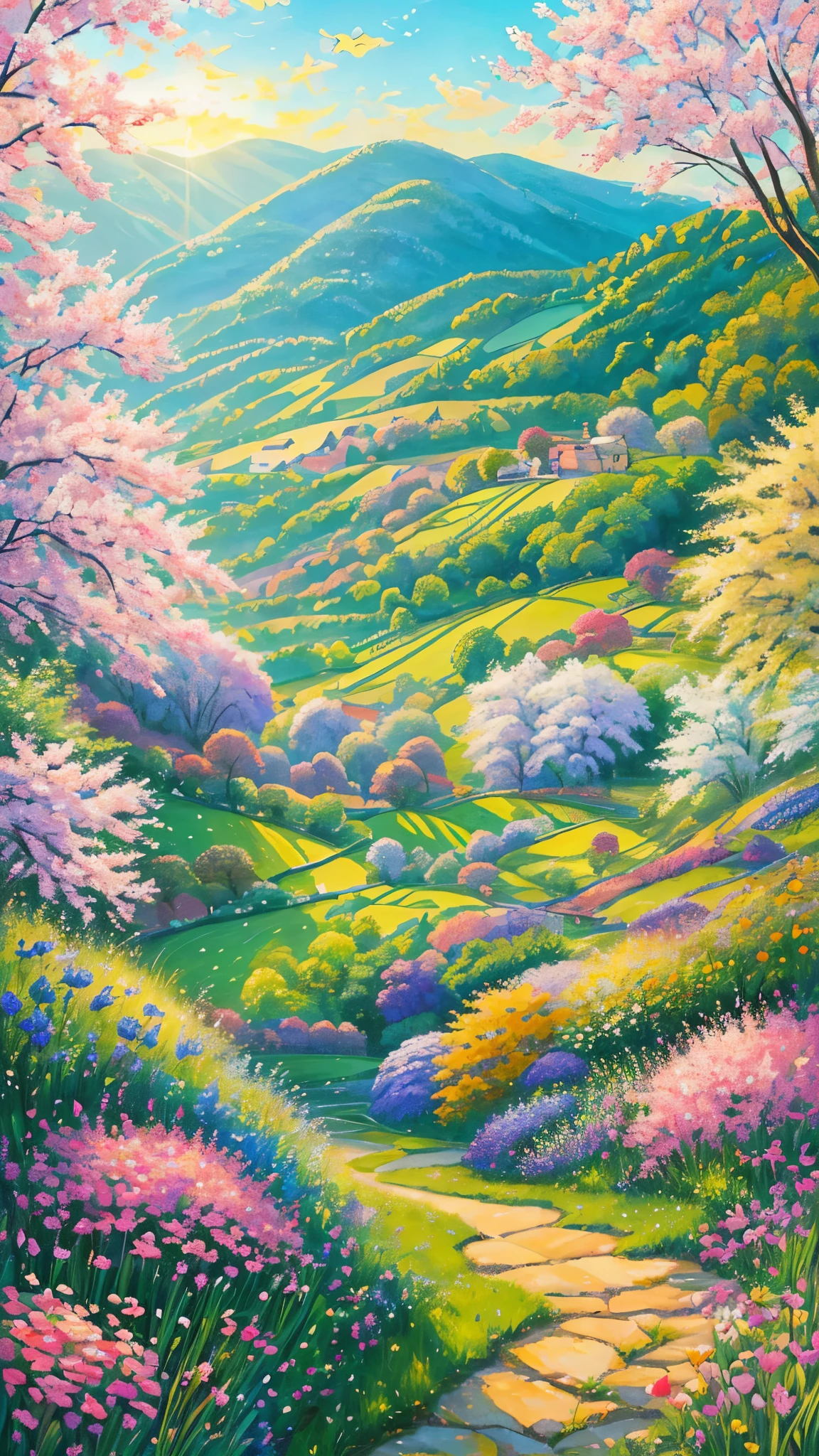 (best quality,realistic:1.2,highres),a lush green field, vibrant colorful flowers dotting the landscape,portraying the beauty of nature and the joy we can find in God's creation,illustration,extraordinary level of detail,stunning visual representation,impressive variety of flowers,serene atmosphere,sunlit scene,every blade of grass rendered with utmost precision,rich and vibrant colors,exquisite brushstrokes,picture-perfect composition,painting with a touch of impressionism,soft natural lighting,immersive experience,emphasizing the intricate details of the flowers,captivating and lifelike portrayal,awe-inspiring view,professional-level artwork,invoking a sense of tranquility and happiness.