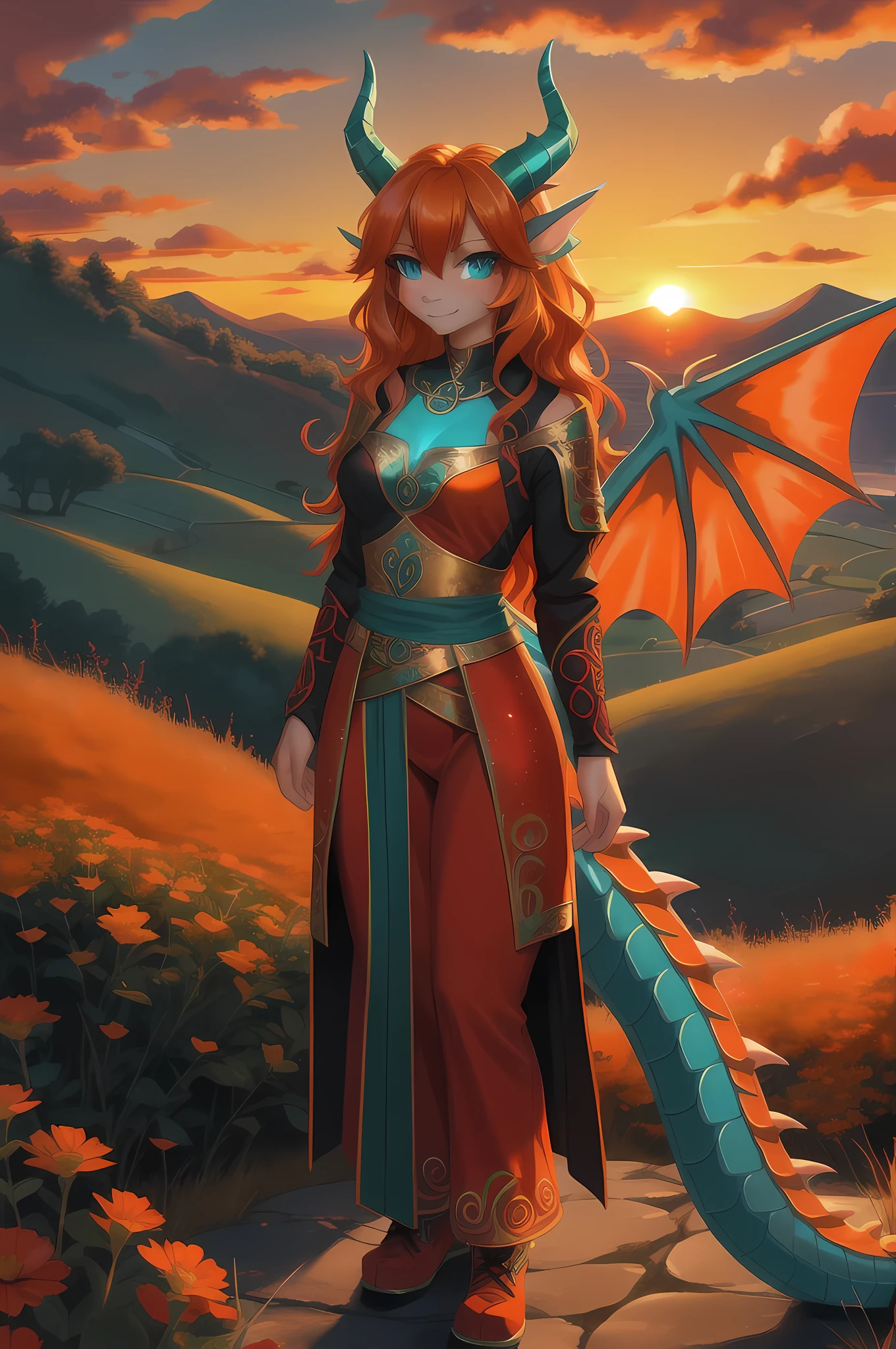 beautiful Celtic dragon girl, long wavy bright orange hair, bright teal eyes, sparkly realistic teal eyes looking at viewer, shapely body, skinny body, healthy body, red warrior outfit, red clothes, orange dragon wings, orange dragon horns, on a hillside, sunset, high quality digital art