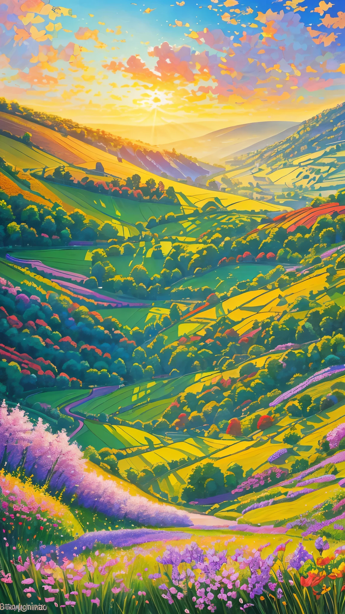 (best quality,realistic:1.2,highres),a lush green field, vibrant colorful flowers dotting the landscape,portraying the beauty of nature and the joy we can find in God's creation,illustration,extraordinary level of detail,stunning visual representation,impressive variety of flowers,serene atmosphere,sunlit scene,every blade of grass rendered with utmost precision,rich and vibrant colors,exquisite brushstrokes,picture-perfect composition,painting with a touch of impressionism,soft natural lighting,immersive experience,emphasizing the intricate details of the flowers,captivating and lifelike portrayal,awe-inspiring view,professional-level artwork,invoking a sense of tranquility and happiness.