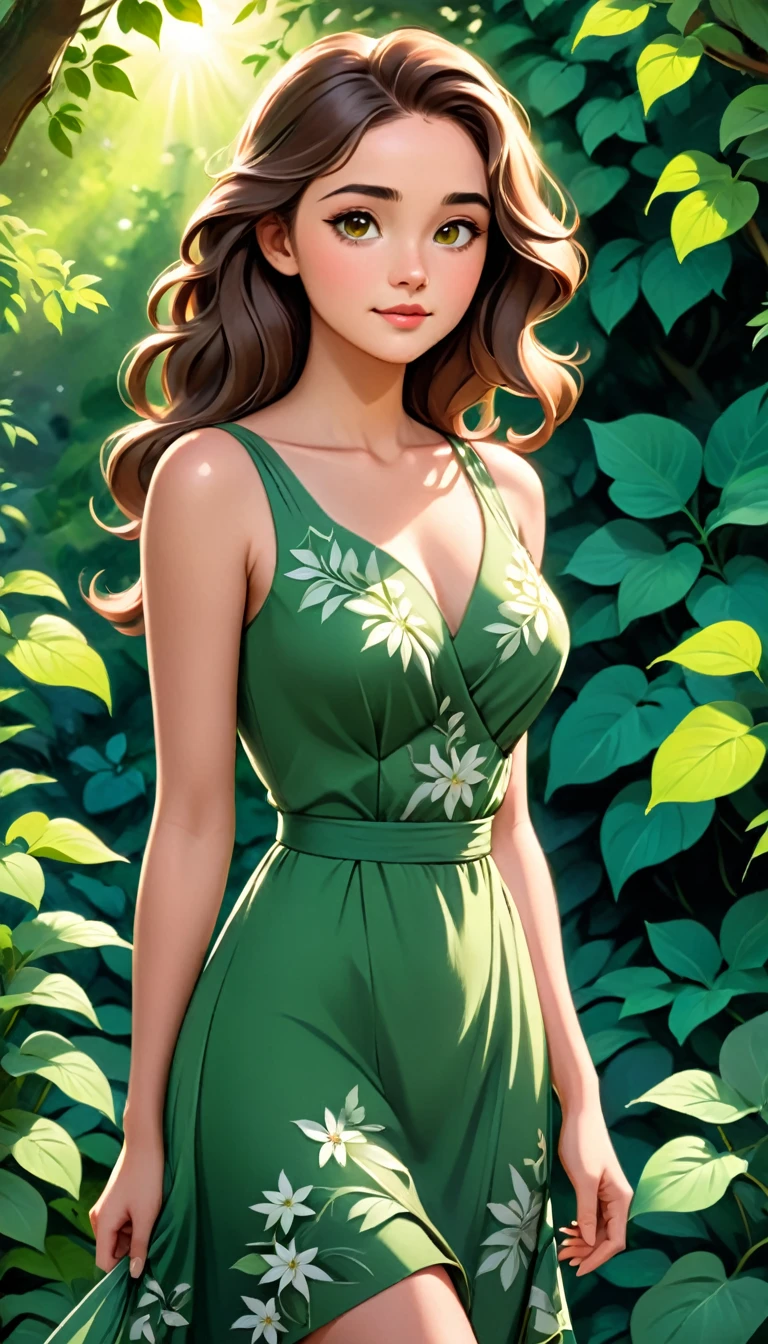 In the image, a young woman with long, wavy brown hair is the central figure. She is standing in a serene garden setting, with lush greenery and trees forming a natural backdrop. The woman is wearing a sleeveless, green dress that features a floral pattern, adding a touch of nature-inspired elegance to her appearance. Her gaze is directed towards the camera, and she has a gentle, contemplative expression on her face. The sunlight filters through the leaves, casting soft shadows on her dress and highlighting the details of her attire and the surrounding foliage. The overall composition of the image suggests a peaceful, idyllic moment captured in time, with the woman's presence adding a sense of life and vitality to the scene.