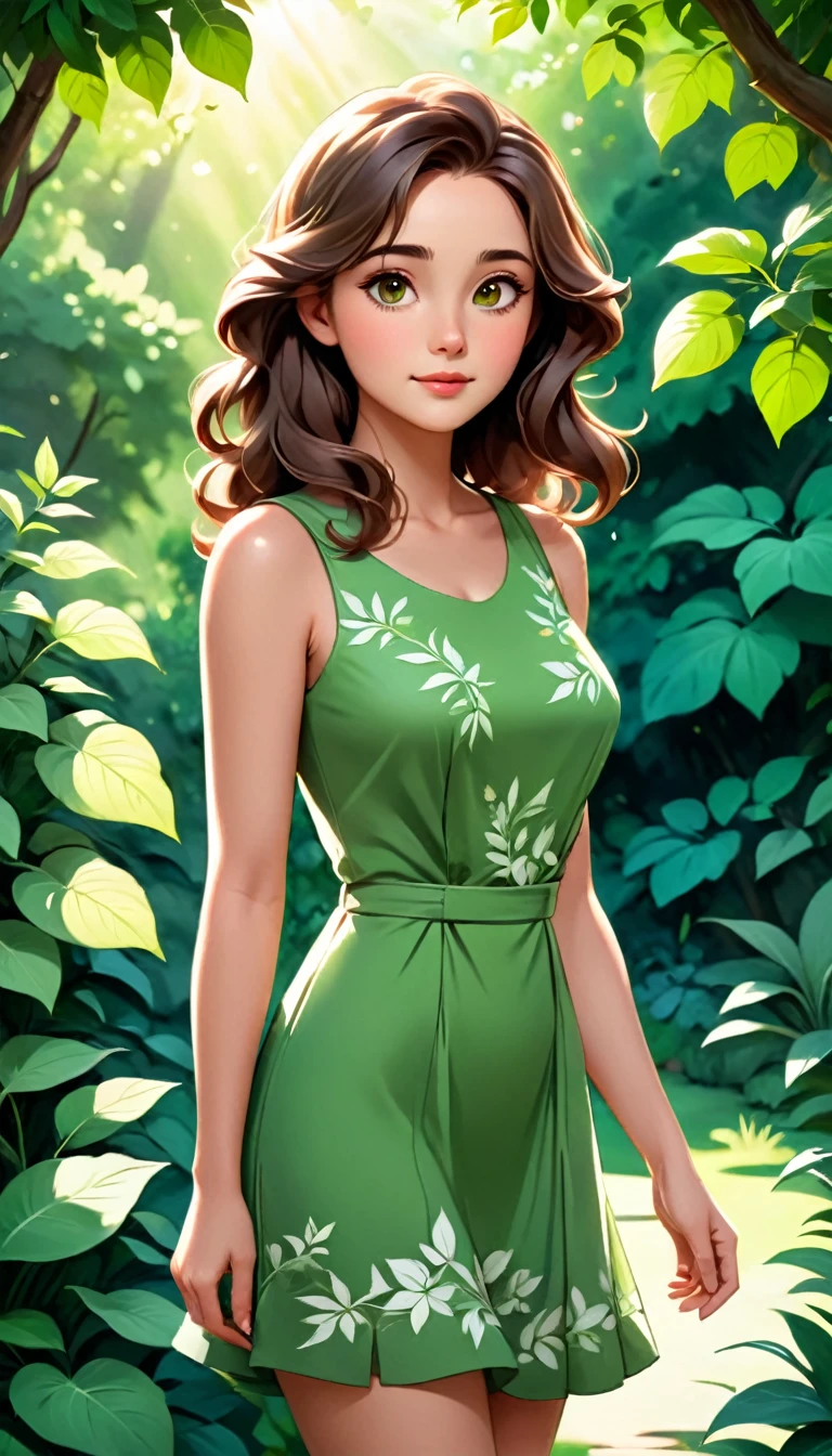 In the image, a young woman with long, wavy brown hair is the central figure. She is standing in a serene garden setting, with lush greenery and trees forming a natural backdrop. The woman is wearing a sleeveless, green dress that features a floral pattern, adding a touch of nature-inspired elegance to her appearance. Her gaze is directed towards the camera, and she has a gentle, contemplative expression on her face. The sunlight filters through the leaves, casting soft shadows on her dress and highlighting the details of her attire and the surrounding foliage. The overall composition of the image suggests a peaceful, idyllic moment captured in time, with the woman's presence adding a sense of life and vitality to the scene.