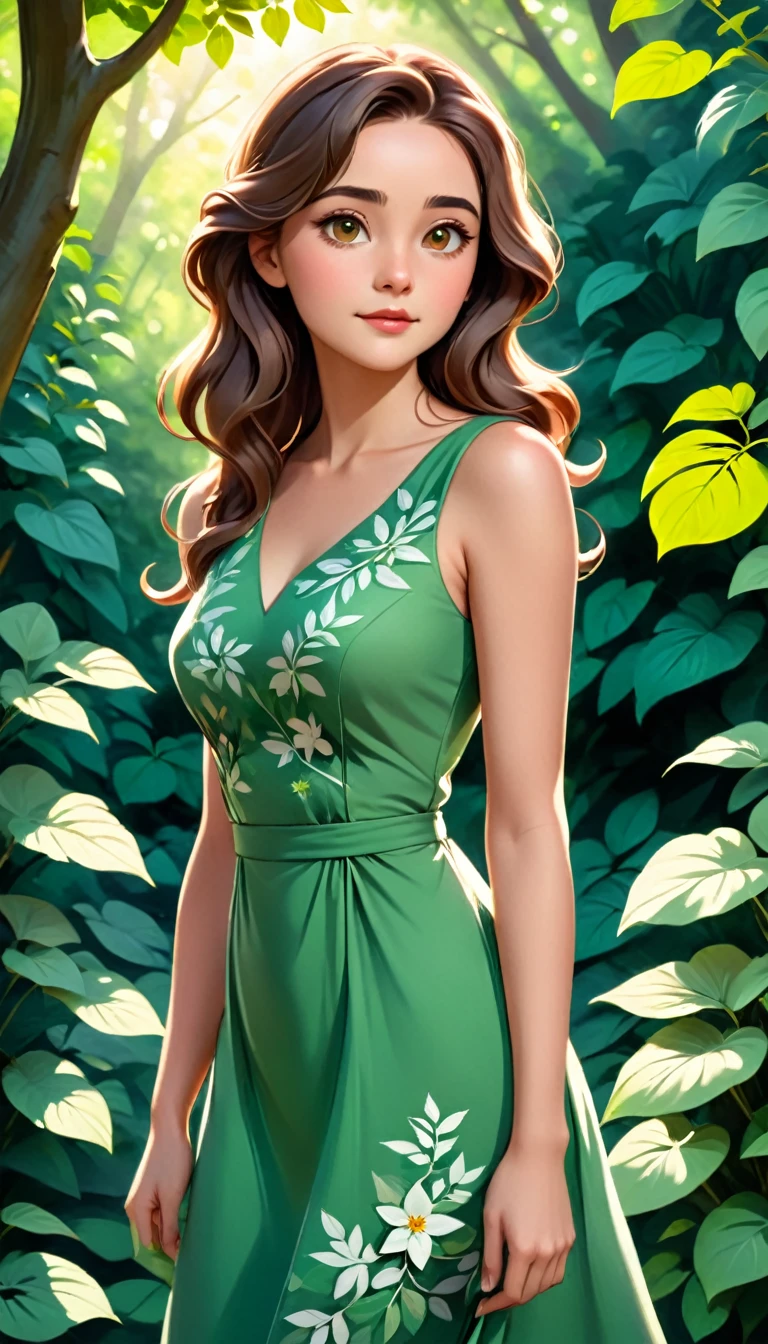 In the image, a young woman with long, wavy brown hair is the central figure. She is standing in a serene garden setting, with lush greenery and trees forming a natural backdrop. The woman is wearing a sleeveless, green dress that features a floral pattern, adding a touch of nature-inspired elegance to her appearance. Her gaze is directed towards the camera, and she has a gentle, contemplative expression on her face. The sunlight filters through the leaves, casting soft shadows on her dress and highlighting the details of her attire and the surrounding foliage. The overall composition of the image suggests a peaceful, idyllic moment captured in time, with the woman's presence adding a sense of life and vitality to the scene.