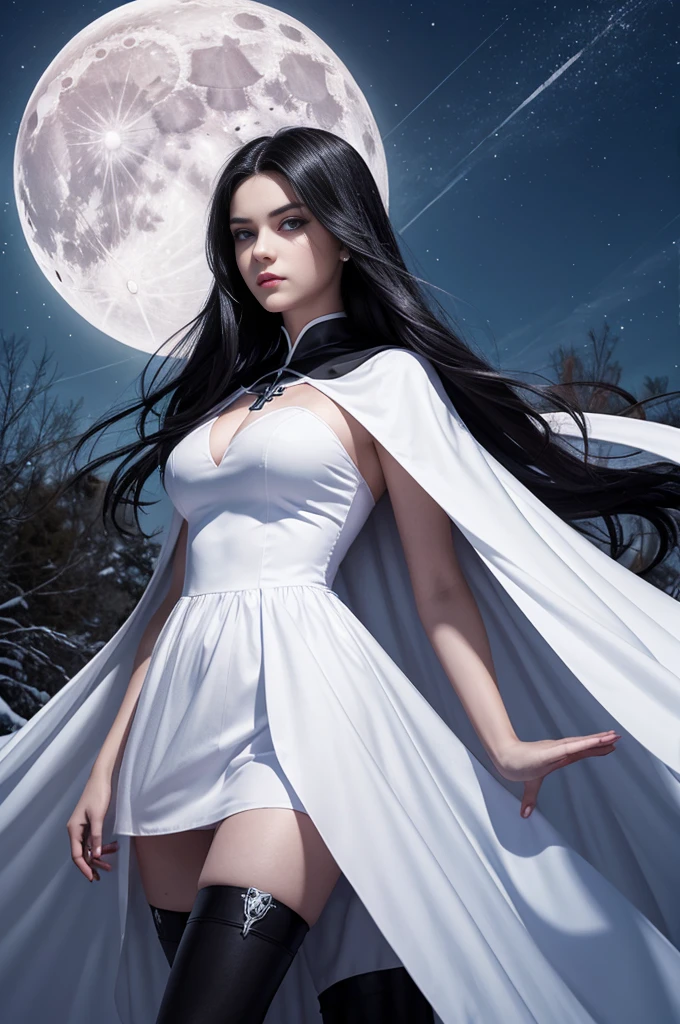 teenager, 1.3, super villain, lolita, with black hair and blue eyes, detailed face , sexy, white woman, dress with cape, desing with christian cross , background in snow , moon behind