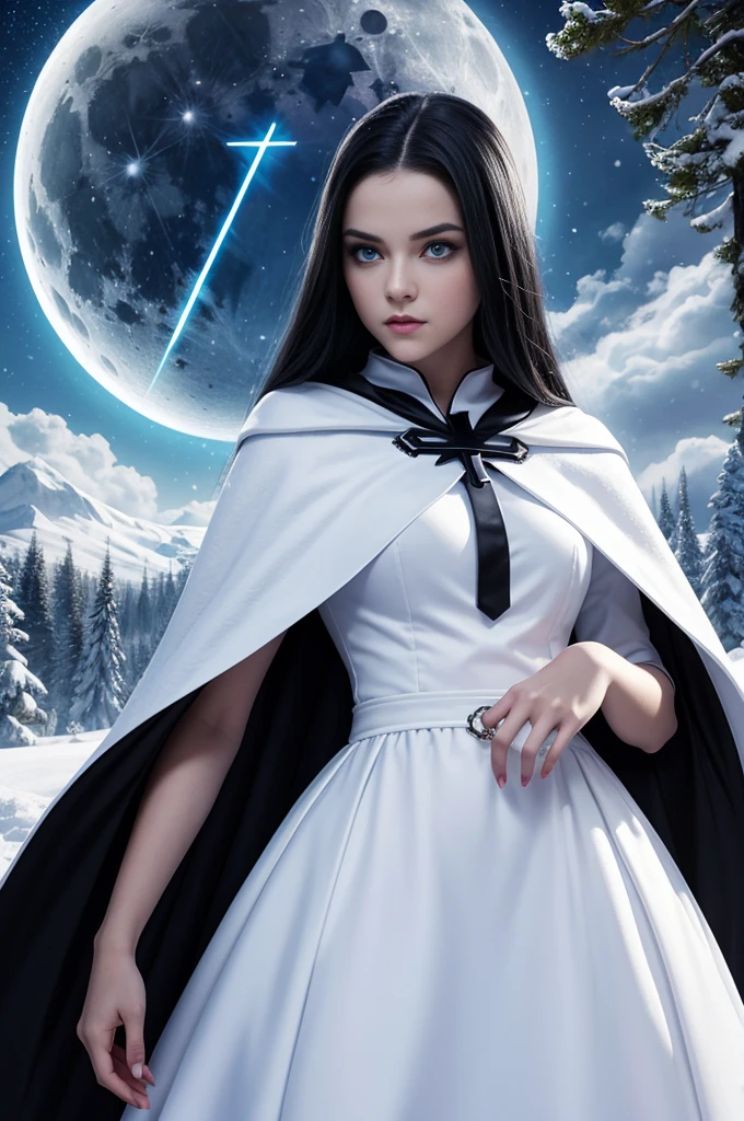 teenager, 1.3, super villain, lolita, with black hair and blue eyes, detailed face , sexy, white woman, dress with cape, desing with christian cross , background in snow , moon behind