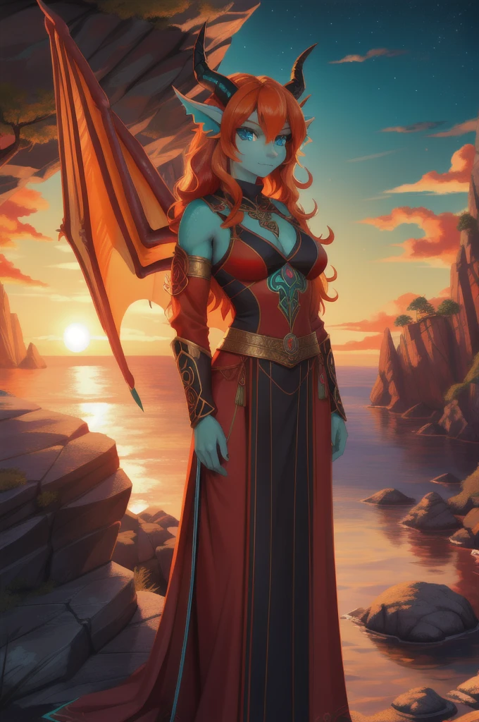 beautiful Celtic dragon girl, long wavy bright orange hair, bright teal eyes, sparkly realistic teal eyes looking at viewer, shapely body, skinny body, healthy body, red warrior outfit, red clothes, large orange dragon wings, orange dragon horns, on a rocky hillside, sunset, high quality digital art, 2k, professional illustration