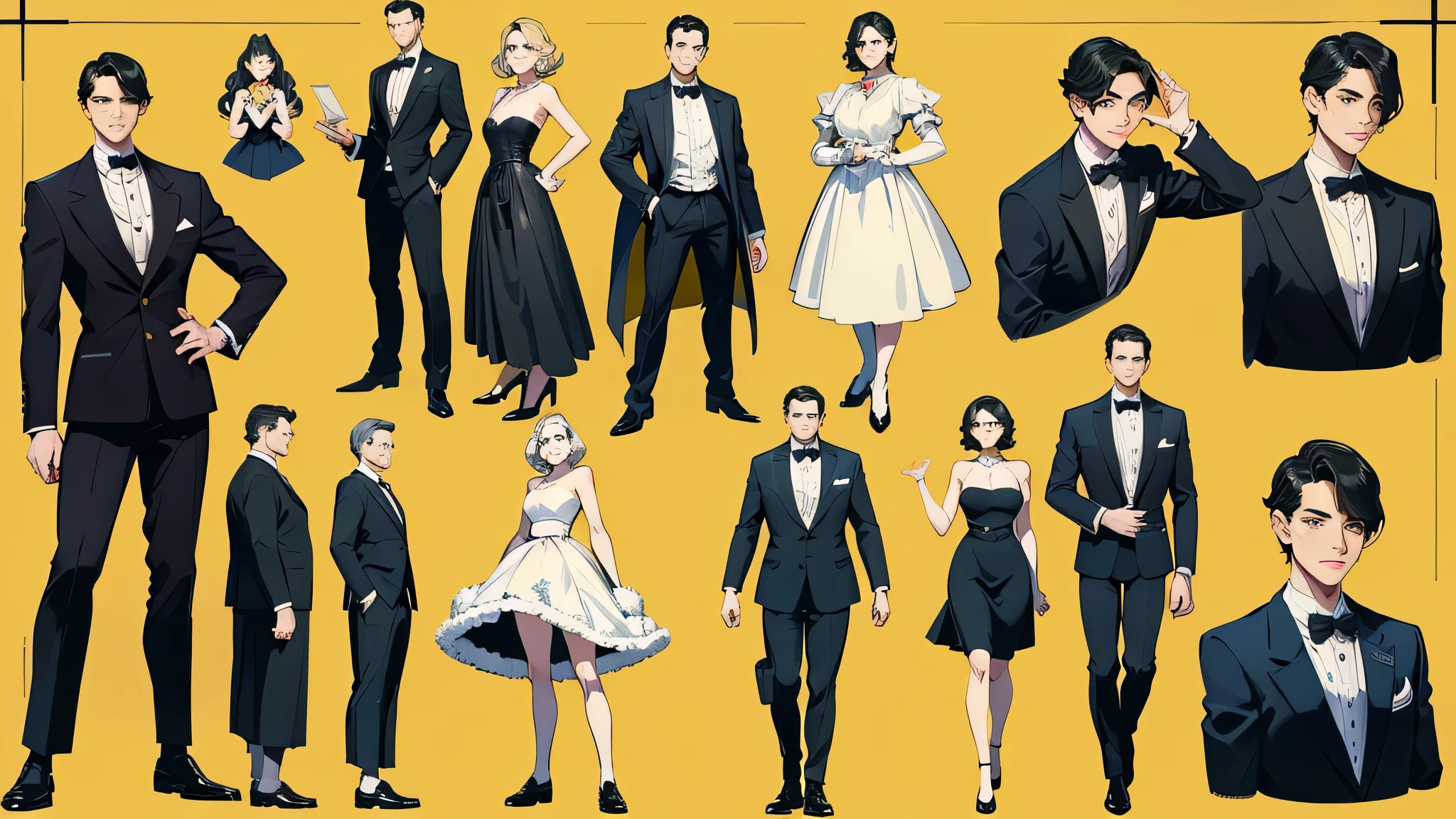 homem em terno formal, retro art deco, (ficha de design de personagem), reviravolta, diagrama de personagem, itens de personagem, sapato, para obter quase o mesmo personagem em poses diferentes em uma imagem, man in different angles.
