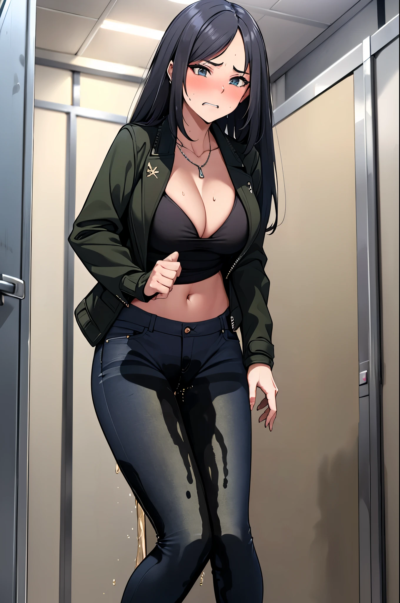 A woman with very long black hair and (very long bangs:1.5), wearing a (stylish long jacket:1.5) and tight jeans, (low-rise jeans:1.25), (low-cut jeans:1.25), standing. The artwork is inspired by manga and incorporates a doujin style. The woman appears to be (wetting herself:1.5), which causes her to feel incredibly embarrassed and humiliated, resulting in an intense and vibrant blush on her face. She is tightly grabbing her crotch with both hands in desperation (grabbing crotch:1.25), (covering crotch:1.25), (hands between legs., there is also a look of anger in her expression. The lighting in the scene is moody, with a spotlight highlighting the woman's figure. She has a very large pee stain on her jeans., large breasts, navel, midriff, groin, mound of venus, cleavage, diamond necklace, bikini top, thin