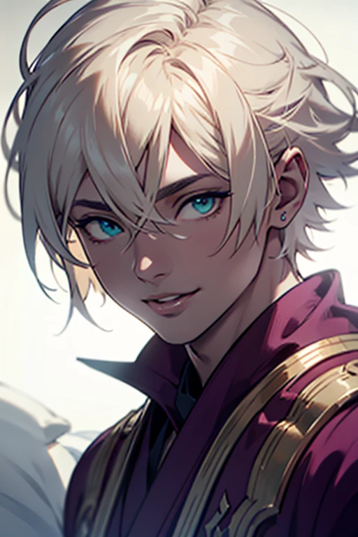 1male, anime, platinum blonde hair, straight hair, very short hair, cyan eyes, pale skin, magician, orange and purple robes, pretty, digital illustration, trending on artstation, highly detailed, vibrant colors, arabic buildings background, 4k, insane details, insane quality, historical, the arcana game, sexy, on bed, face close up, mouth closed, hot, erotic, clothes falling