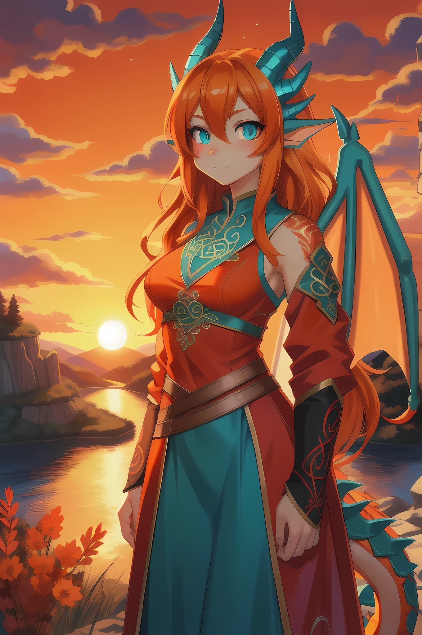 anime style art, beautiful Celtic dragon girl, long wavy bright orange hair, bright teal eyes, sparkling teal eyes looking at viewer, shapely body, skinny body, healthy body, red warrior outfit, red clothes, 2 large orange dragon wings, orange dragon horns, on a hillside, sunset, high quality digital art, 2k, professional illustration