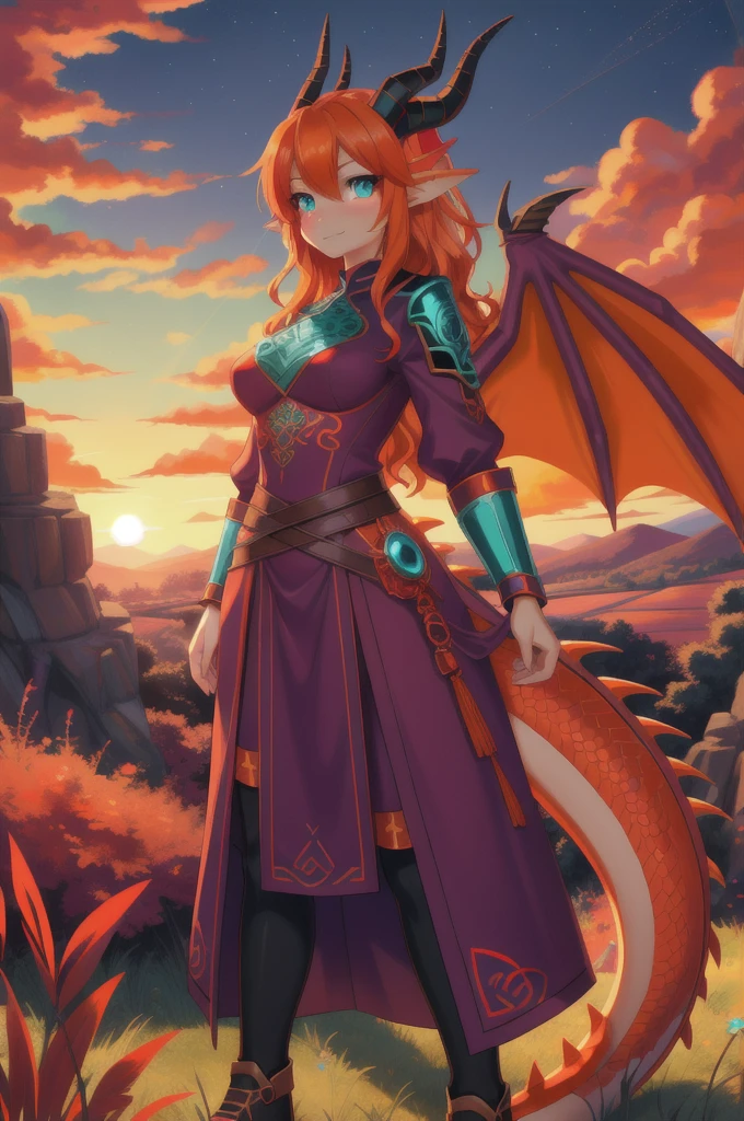 anime style art, beautiful Celtic dragon girl, long wavy bright orange hair, bright teal eyes, sparkling teal eyes looking at viewer, shapely body, skinny body, healthy body, red and purple warrior outfit, red clothes, 2 large orange dragon wings, orange dragon horns, on a hillside, sunset, high quality digital art, 2k, professional illustration