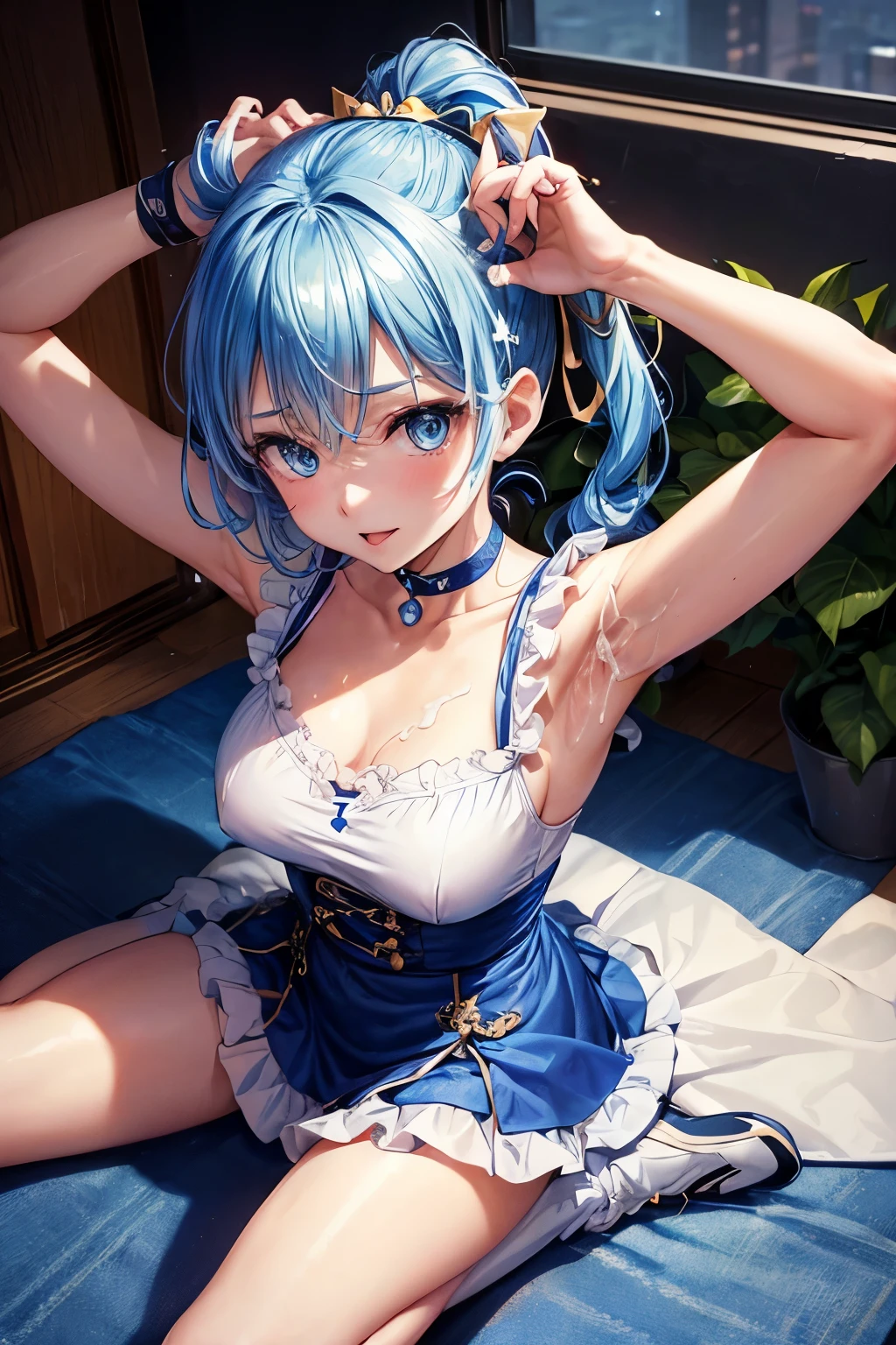 (((cum on armpits)))、(((cum on clothes)))　、clothed、、sitting、stand,open legs、happy、from above、looking at viewer、living room,suisei hoshimachi, blue eyes, blue hair, choker, hair between eyes, medium hair, side ponytail, star choker,
