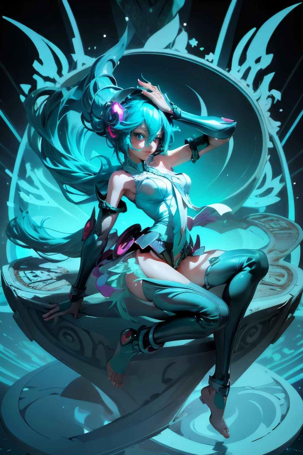 Hatsune Miku disfrazada de dark magician gils. Ojos azules. Cabello celeste y extra largo. Pose sensual y seductora. Toma cuerpo completo.Fondo de magia y circulo. 