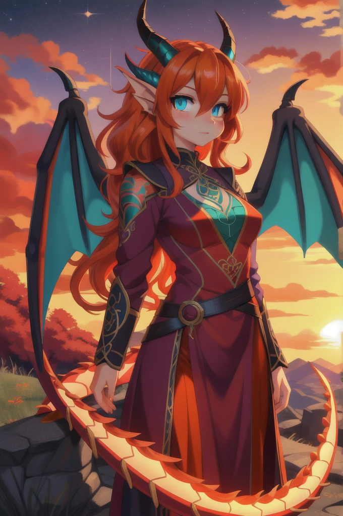anime style art, beautiful Celtic dragon girl, long wavy bright orange hair, bright teal eyes, sparkling teal eyes looking at viewer, shapely body, skinny body, healthy body, purple and red warrior outfit, red clothes, 2 large orange dragon wings, orange dragon horns, on a hillside, sunset, high quality digital art, 2k, professional illustration