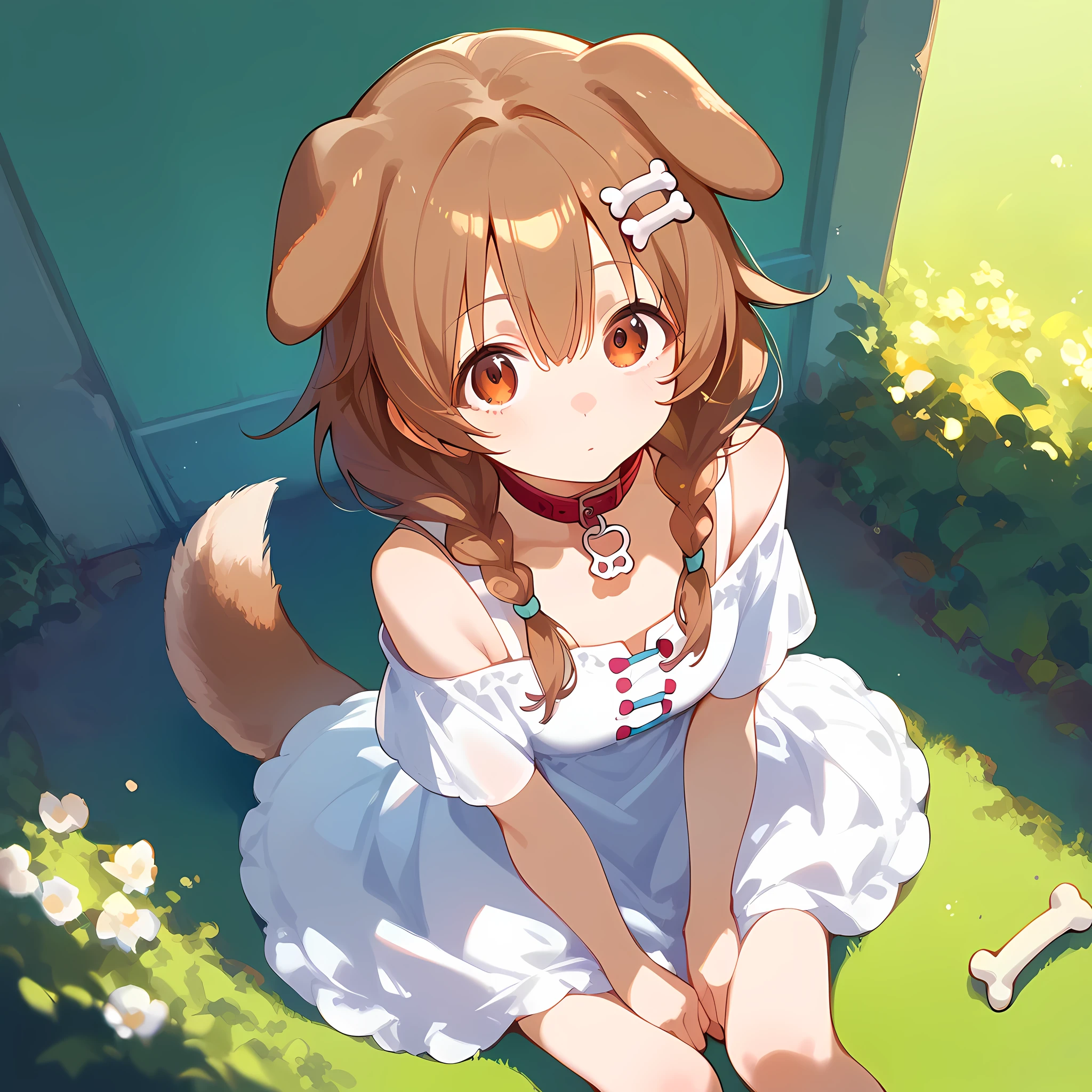 score_9, score_8_up, score_7_up, score_6_up, source anime,
inugami korone, dog ears,
1girl, solo, sitting, white dress, off shoulder, animal collar, low twin braids, bone hair ornament,dog tail, from above, outdoors, looking at viewer, 
masterpeice, best quality, very aesthetic, absurdres