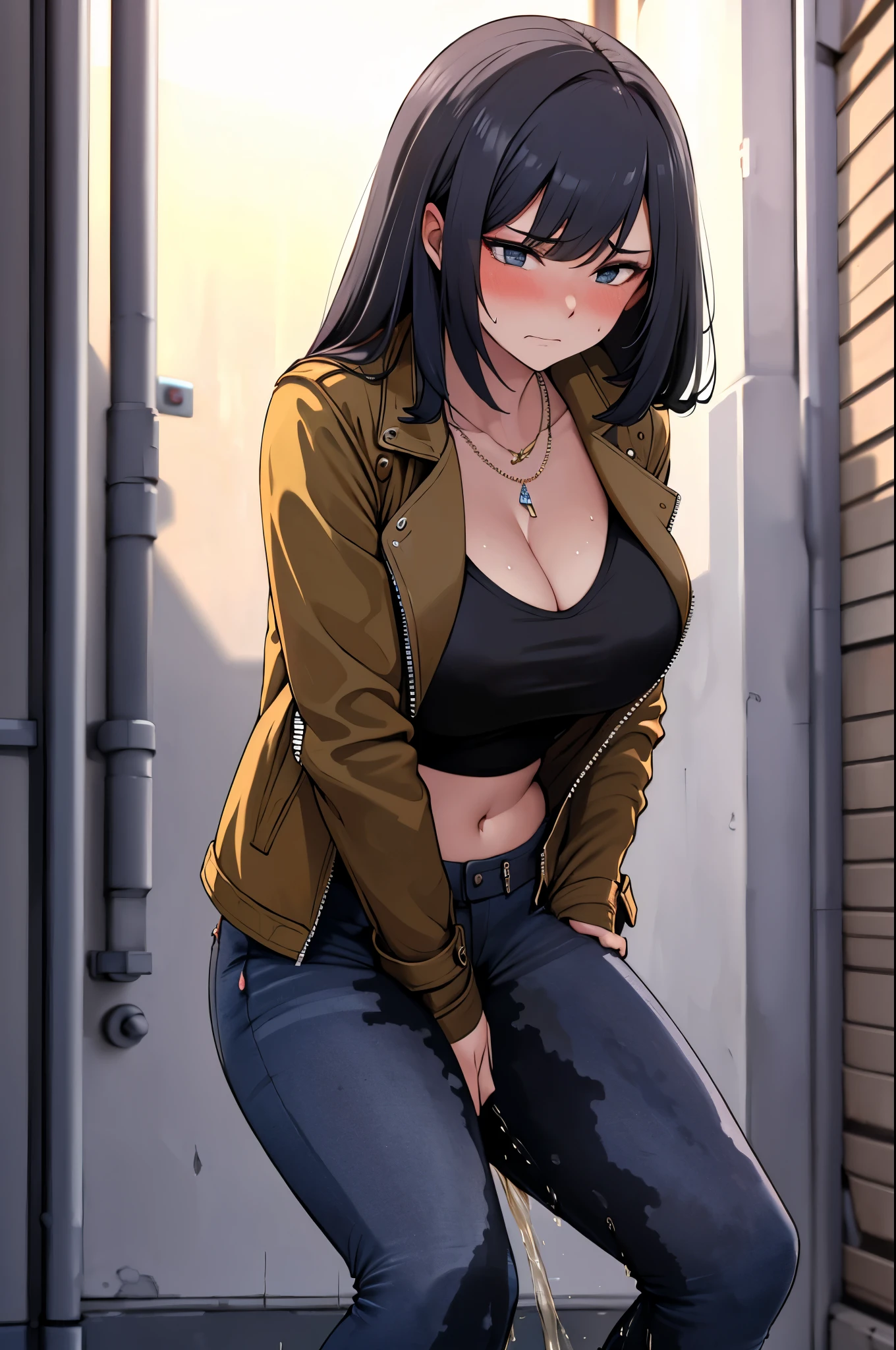 A woman with very long black hair and (very long bangs:1.5), wearing a (stylish long jacket:1.5) and tight jeans, (low-rise jeans:1.25), (low-cut jeans:1.25), standing. The artwork is inspired by manga and incorporates a doujin style. The woman appears to be (wetting herself:1.5), which causes her to feel incredibly embarrassed and humiliated, resulting in an intense and vibrant blush on her face. She is tightly grabbing her crotch with both hands in desperation (grabbing crotch:1.25), (covering crotch:1.25), (hands between legs., there is also a look of anger in her expression. The lighting in the scene is moody, with a spotlight highlighting the woman's figure. She has a very large pee stain on her jeans., large breasts, navel, midriff, groin, mound of venus, cleavage, diamond necklace, bikini top, thin