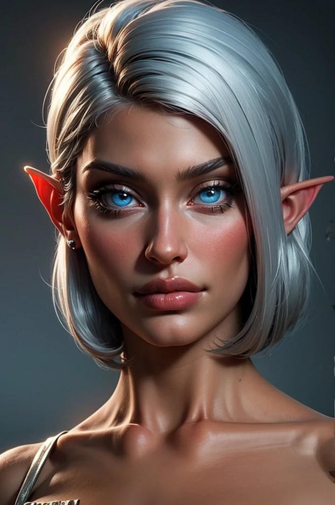 beautiful portait of nigth elf female in her 20s with fit body , perfect face feature , (blunt bob hair :1.2), (silver hair color :1.3), (blue eyes color :1.1), thick kissable lips , thin nose ,pointy ears,