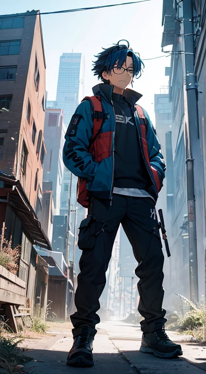 ((best quality)), ((masterpiece)), (detailed), perfect serious male face talent, youthful mean, drones, jock, nappy hair, glasses, anime, wizard, esentric style, hiker, magical, eye of Horus, drones, angry guy, holding hiking binoculars, hiker,(( Dark BLUE hair)), serious face, full body image, fit body, athletic gear fully clothed, messy hair,

