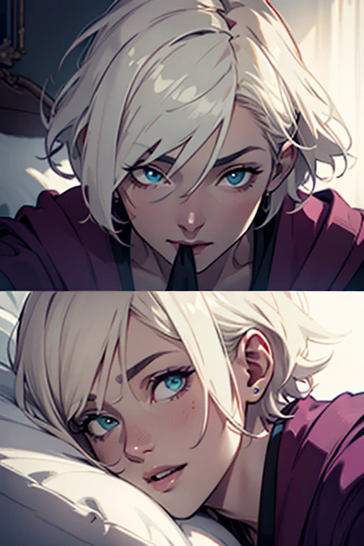 1male, anime, platinum blonde hair, straight hair, very short hair, cyan eyes, pale skin, magician, orange and purple robes, pretty, digital illustration, trending on artstation, highly detailed, vibrant colors, arabic buildings background, 4k, insane details, insane quality, historical, the arcana game, sexy, on bed, face close up, mouth closed, hot, erotic, clothes falling