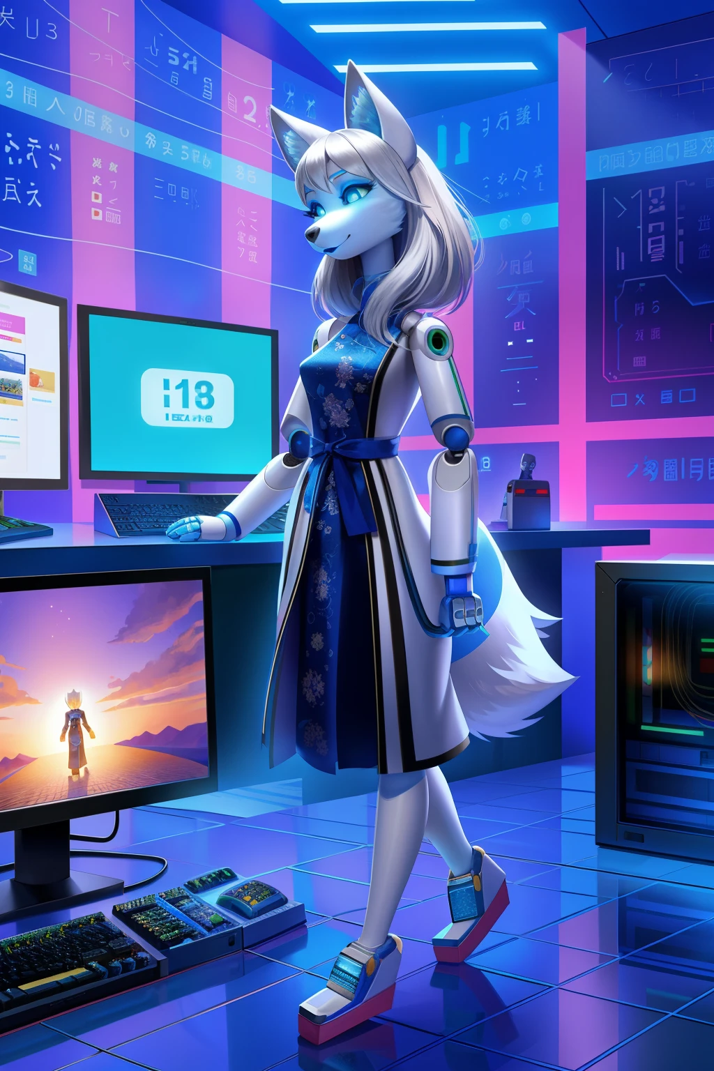 1 girl, solo, android, wolf anthro, empty eyes, Silver hair, blue lipstick, Japanese dress, 3d pixar, computer numbers background, robot walk