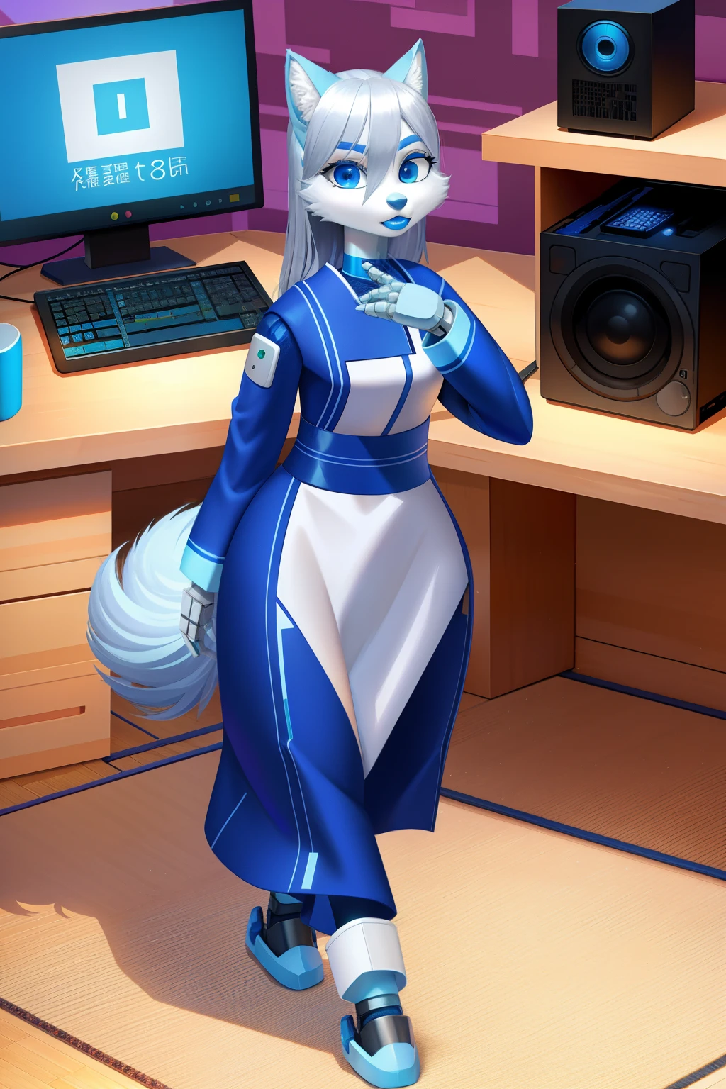1 girl, solo, android, wolf anthro, empty eyes, Silver hair, blue lipstick, Japanese dress, 3d pixar, computer numbers background, robot walk