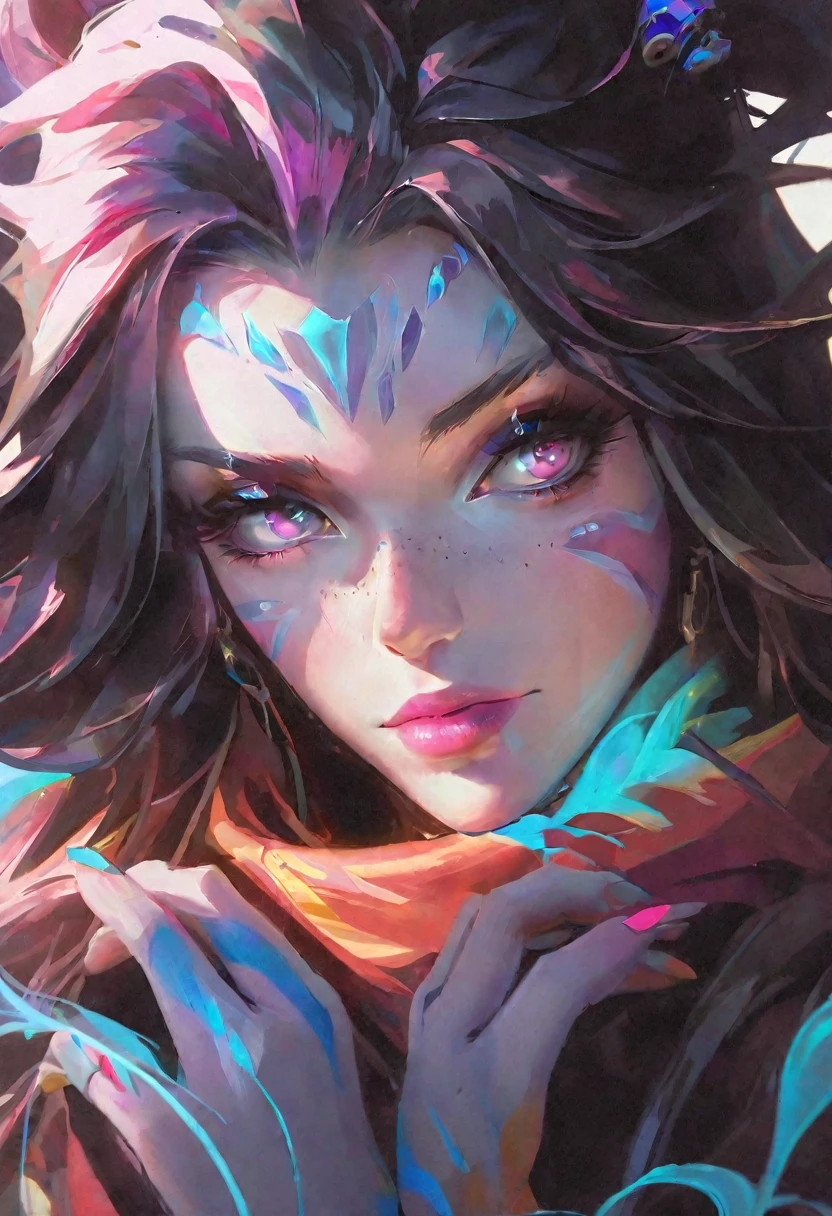 An hyper detailed gouache painting, professional illustration of beautiful woman, facing the camera, wide shot, from above:1.5, best aesthetic, lolsplashart, League of Legends, iridescent pastel colors, glossy skin effect, loose paint, vibrant, white background, high quality, artwork :1.4, half body portrait, sketch, Symmetrical human features, symmetrical eyes, amazing quality, masterpiece, best quality, hyper detailed, ultra detailed, UHD, perfect anatomy