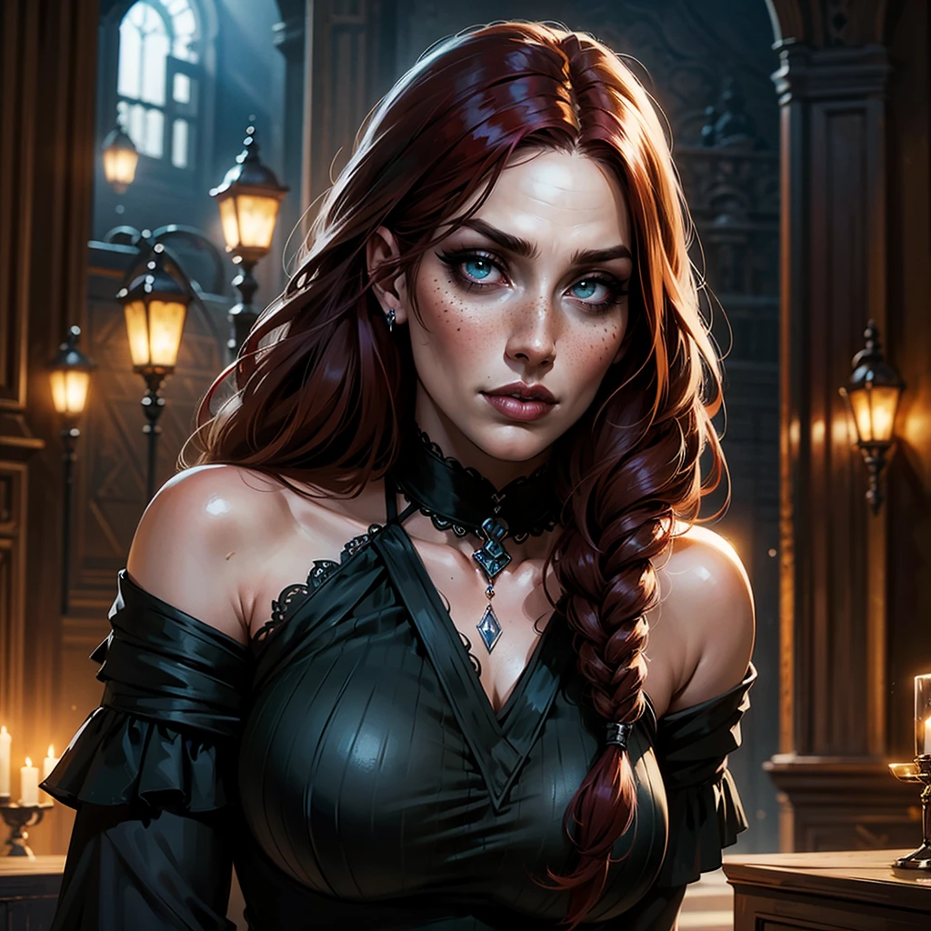 (huge Laughing:0.5), (open mouth:0.4), (wide open eyes:1.2) masterpiece,high quality,4k , goth emo punk scene witch, dramatic makeup of an evil queen, thin round glasses, freckles, absolute babe, long unkempt wavy messy voluminous red hair flowing down her body, one large messy braid, bare shoulder,, many Viking Tattoos on body and arms , slim;, beautiful shoulders and collarbone, jaw structure of someone who works out, wearing wide neck off-shoulder wool knit sweater-dress with bare shoulders, green eyes, in a fancy ballroom of a fantasy castle, fantasy setting, busy ballroom party in a fantasy story, other party goers dancing and partying, night time on a snowy day, golden hour, ((extremely detailed face, mature intelligent gorgeous face)), stockings, wide hips , expression of absolute love and adoration, a lot of jewelry, pretty eye makeup, gorgeous lips , a Viking princess, regal personality, oil painting style, big beautiful eyes looking intelligent looking at camera,