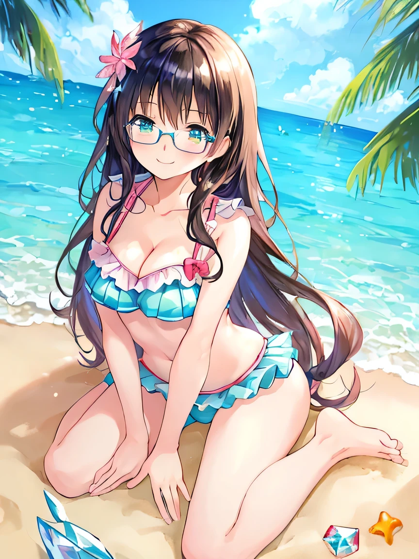 ((masterpiece)), ((best quality)), (ultra-detailed), ((kawaii)), cute, (lovely), illustration, anime style, full body, chest focus, 1girl, cute girl, solo, (pastel color bikini swimsuit), ((cleavage)), (beautiful eyes), beautiful black hair, Long hair, slim, slender, medium breast, glasses, seductive smile, barefoot, Sandy beach with no one's footprints, sitting, wariza, (Crystal Clear Sea:1.4).