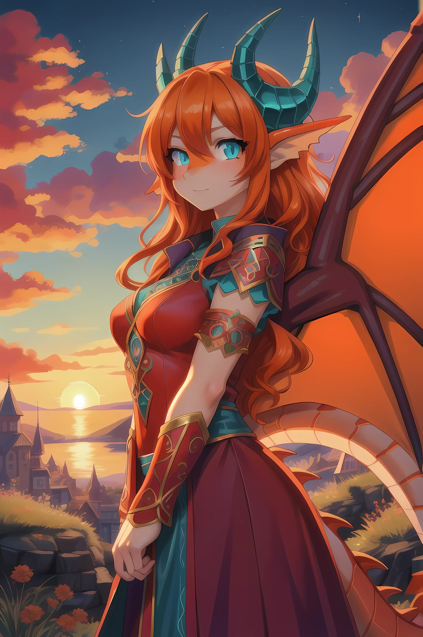 anime style art, beautiful Celtic dragon girl, European girl, long wavy bright orange hair, bright teal eyes, sparkling teal eyes looking at viewer, shapely body, skinny body, healthy body, purple and red warrior outfit, red clothes, 2 large orange dragon wings, orange dragon horns, on a hillside, sunset, high quality digital art, 2k, professional illustration
