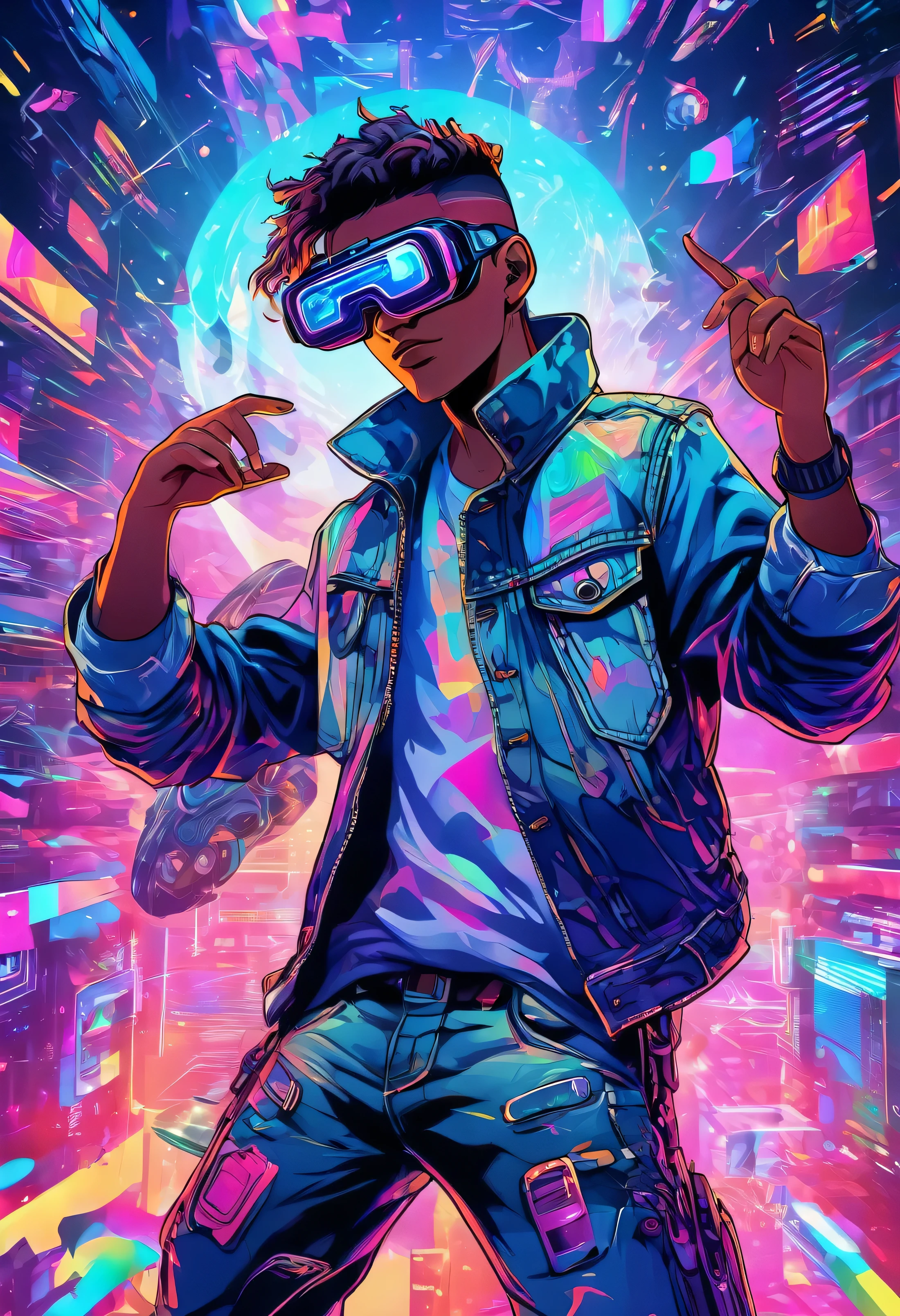 Young cyberpunk man in denim jacket, large VR glasses, on his face, from the front, virtual reality, touching with his fingers the holographic space around him, many worlds dive into the background, colorful vector, details. of shadows and volume