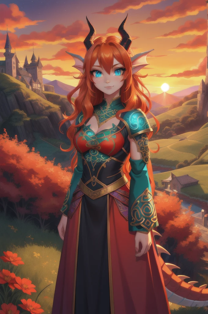 fantasy style art, beautiful Celtic dragon girl, European girl, long wavy bright orange hair, bright teal eyes, sparkling teal eyes looking at viewer, shapely body, skinny body, healthy body, purple and red warrior outfit, red clothes, 2 large orange dragon wings, orange dragon horns, on a hillside, sunset, high quality digital art, 2k, professional illustration