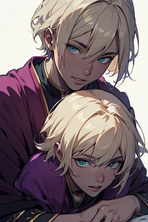 1male, anime, platinum blonde hair, straight hair, very short hair, cyan eyes, pale skin, magician, orange and purple robes, pretty, digital illustration, trending on artstation, highly detailed, vibrant colors, arabic buildings background, 4k, insane details, insane quality, historical, the arcana game, sexy, on bed, face close up, mouth closed, hot, erotic, clothes falling