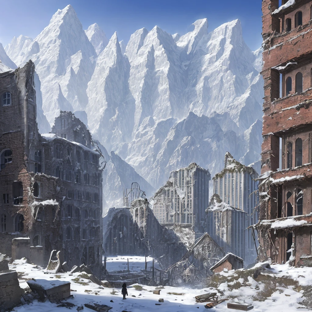 Ruins of a city in the snow-capped mountains