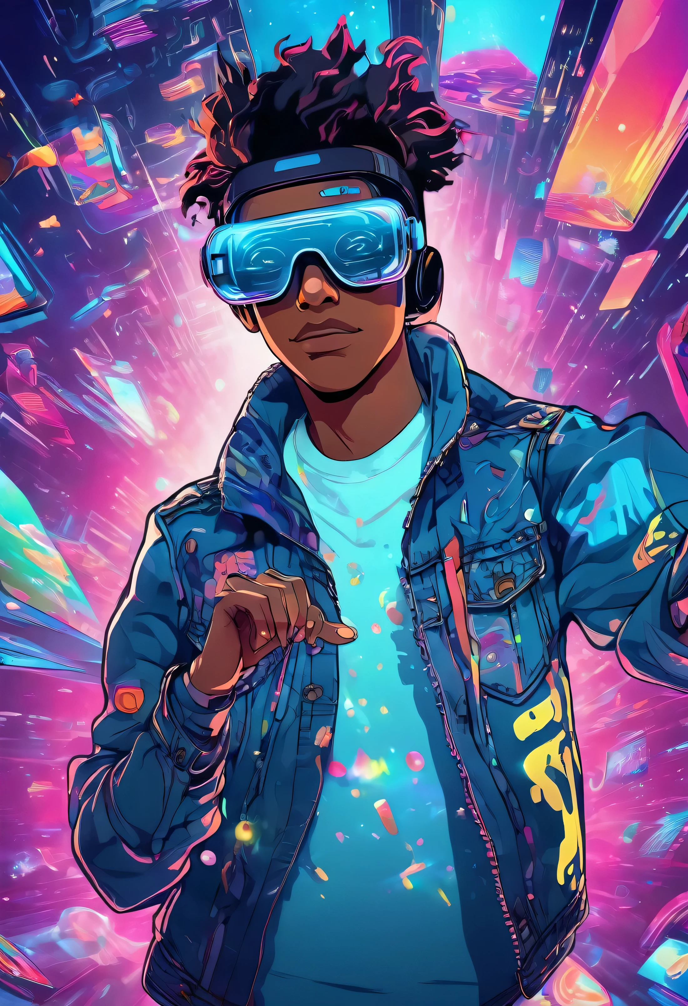 Young cyberpunk man in denim jacket, large VR glasses, on his face, from the front, virtual reality, touching with his fingers the holographic space around him, many worlds dive into the background, colorful vector, details. of shadows and volume