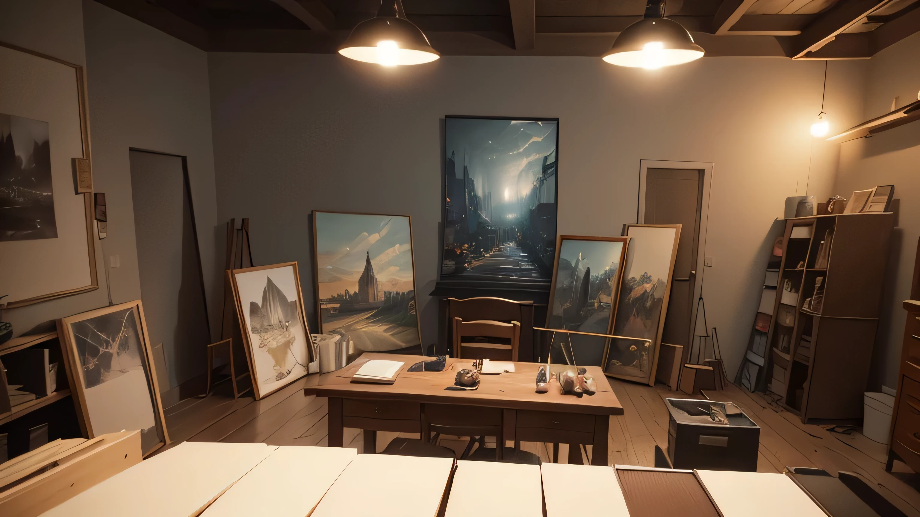 there is a picture of a painting studio with easels and easels, room of the nameless painter, painted in anime painter studio, dramatic lighting. concept art, concept art. 8 k, anime background art, front page of art station, inspired by Vincent Lefevre, style of madhouse studio anime, personal room background, interior background art, background art